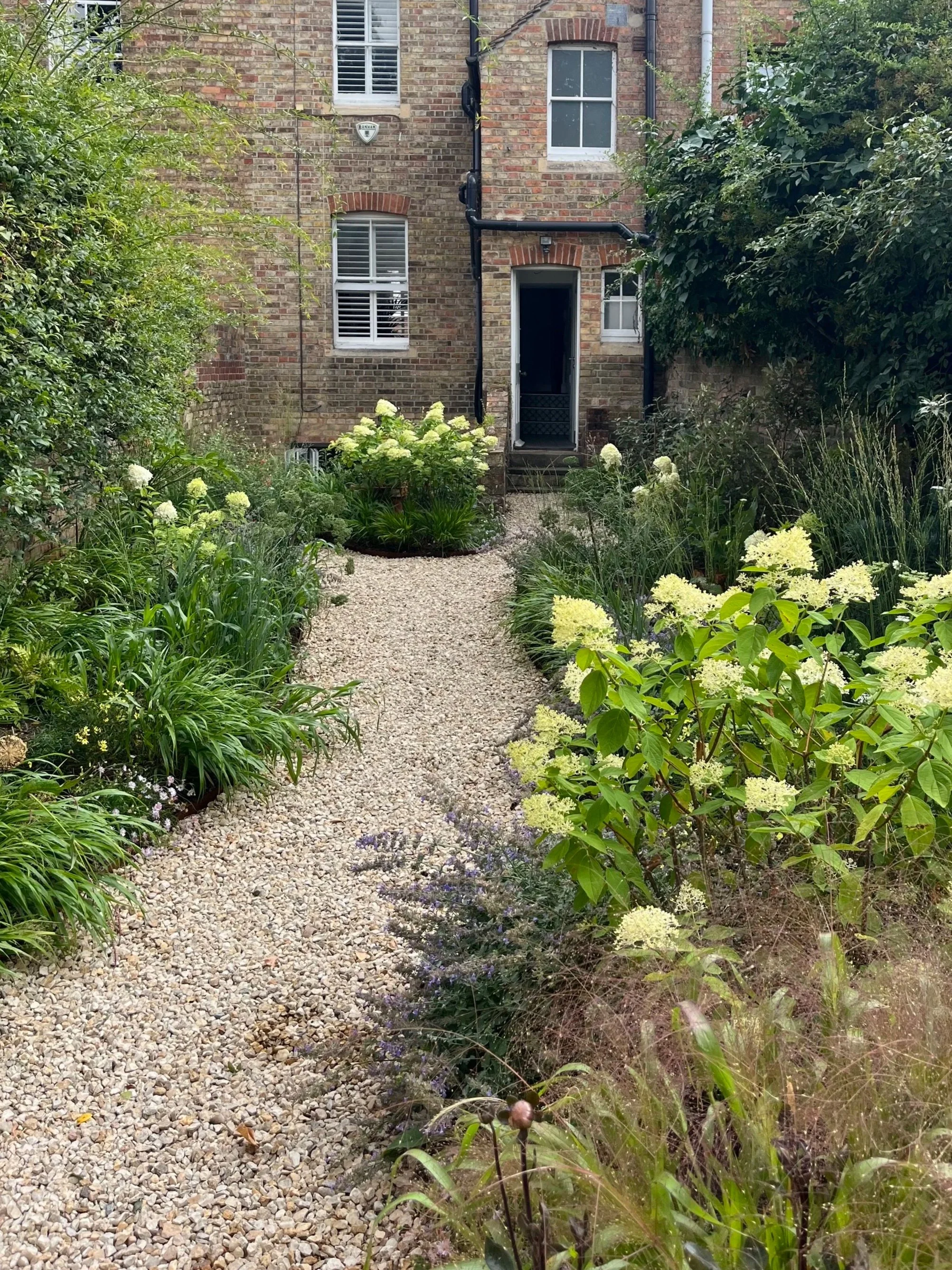 A garden path made of small light-colored gravel stones leading up to a brick house with a door and multiple windows. The garden is lush with various green plants and white flowers on both sides of the path.