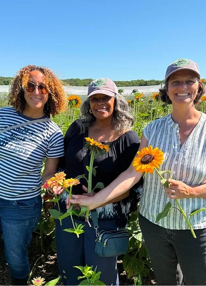 Three women standing in a sunflower field, smiling, holding sunflowers, with a clear blue sky overhead.