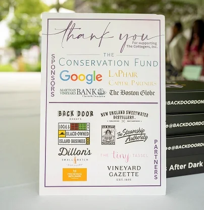 A thank you card from The Conservation Fund with logos of sponsors including Google, LaPhaar Capital Partners, Martha's Vineyard Bank, and The Boston Globe. The card also features logos of local Black-owned businesses and mentions partners such as Di