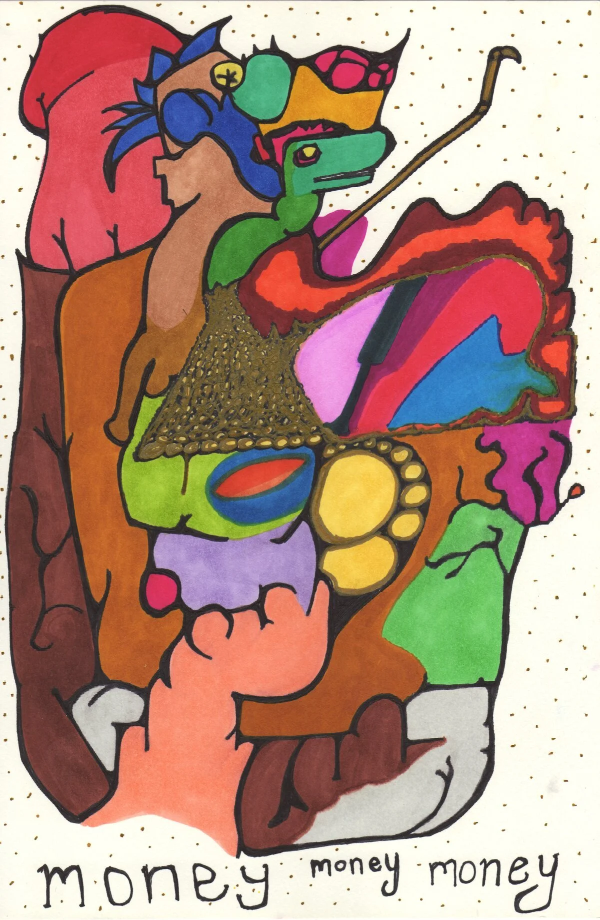 Colorful abstract drawing of a face made up of various shapes and objects, including a snail, a crocodile, and circles, with the word 'money' written repeatedly at the bottom.