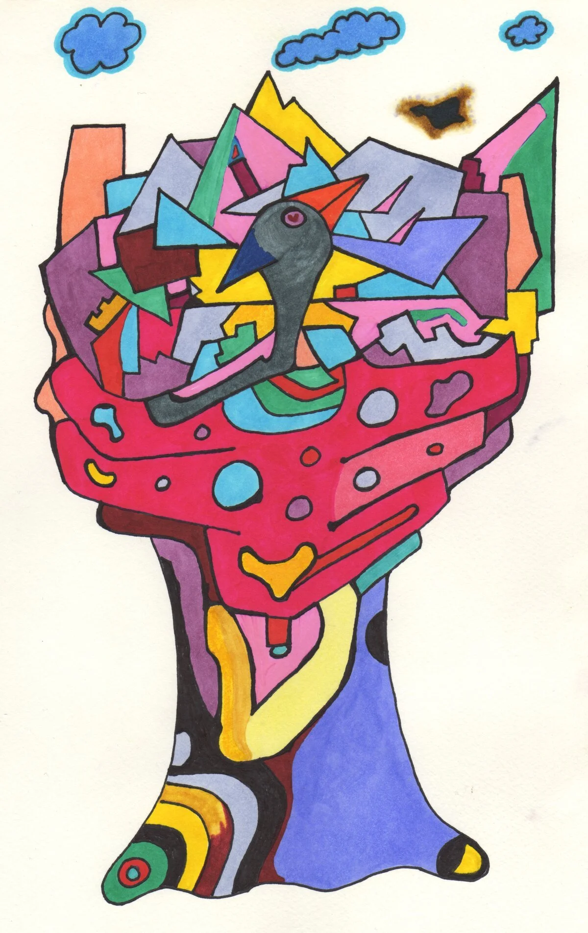 Colorful abstract drawing of a hand with a bird figure in the center surrounded by various geometric shapes, clouds, and a smoky section in the background.