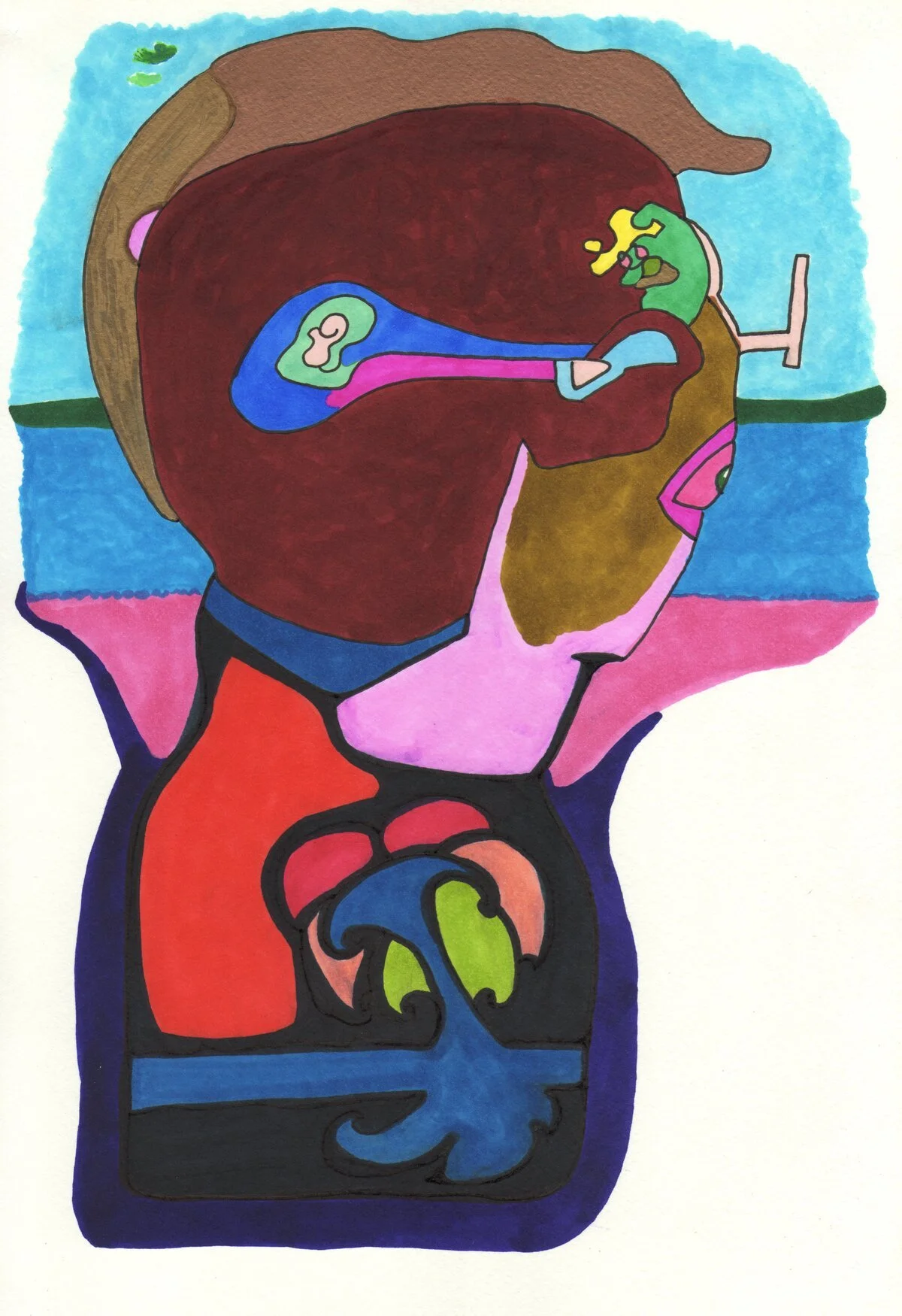 Colorful drawing of a human head in profile, with internal organs and brain depicted in various bright colors, against a background of blue sky and green grass.