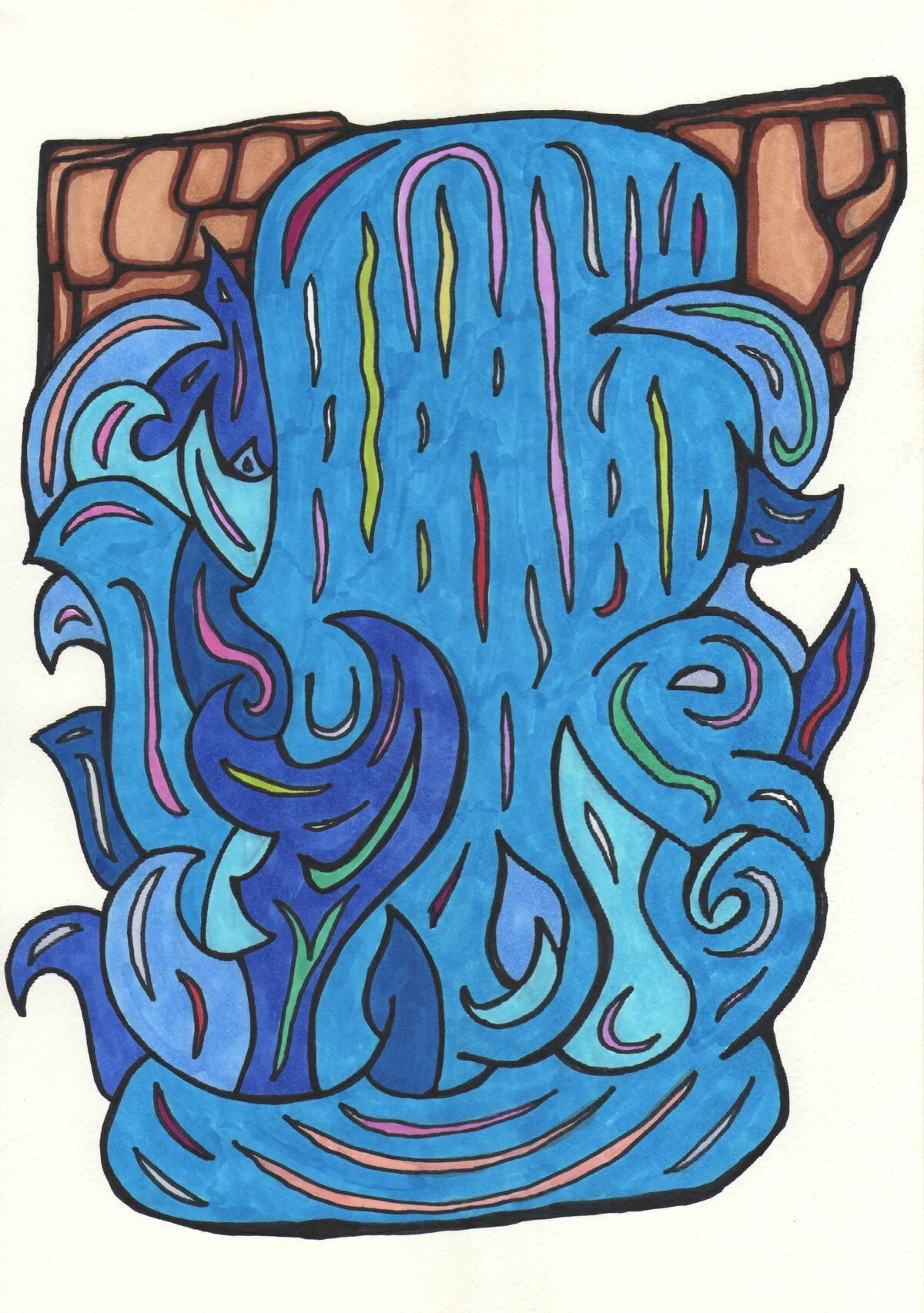 A colourful stylised waterfall.