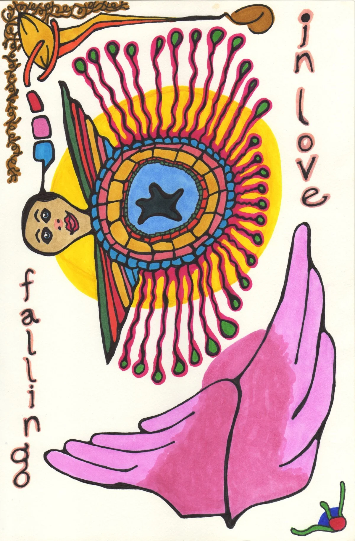 A colorful, hand-drawn illustration of a pink hand holding a small colored creature with multiple antennae, a yellow circle with a star shape in the center, and a radial pattern of lines and shapes resembling a stylized eye or mandala. The words 'ple