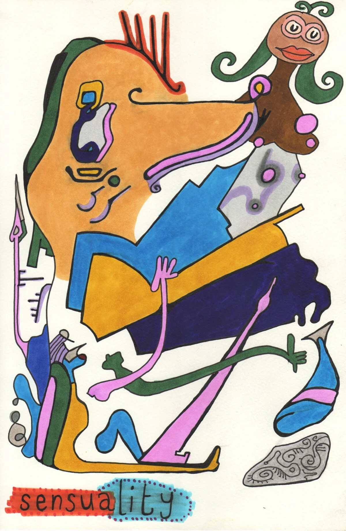 Colorful abstract drawing with various shapes, lines, and patterns. The word "sensuality" is written at the bottom in a collage style with red and blue backgrounds.