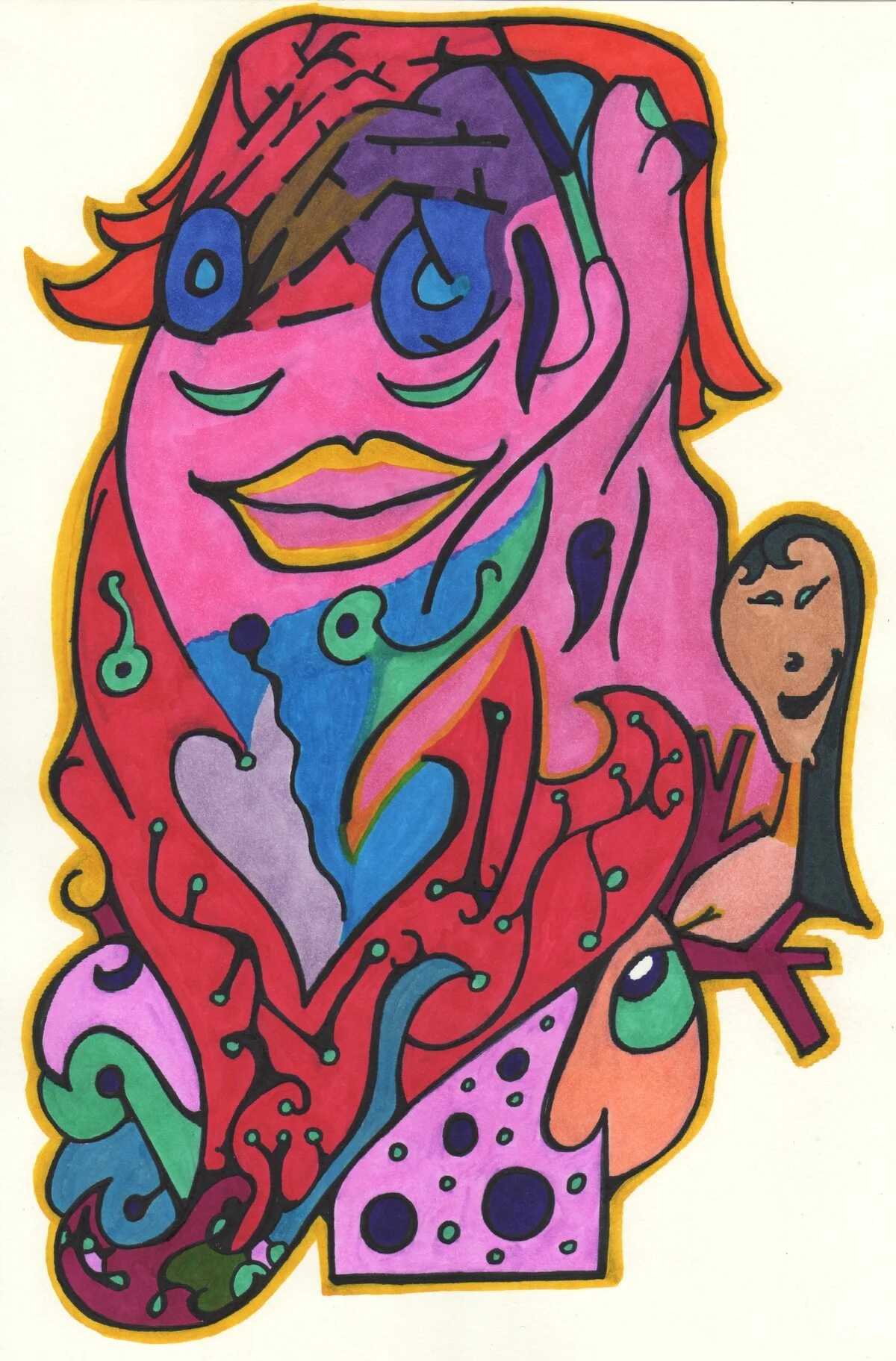 Colorful abstract drawing of a person with long red hair, wearing sunglasses, smiling, with various bright colors and patterns, outlined in bold black strokes.
