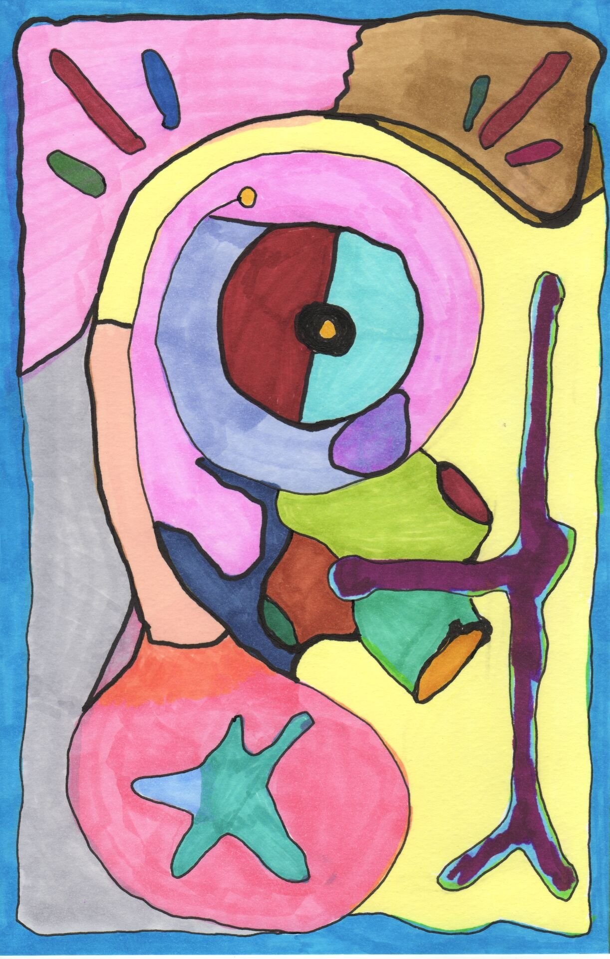 Colorful abstract painting of a person holding a camera, with bold black outlines and various vibrant shapes and colors.