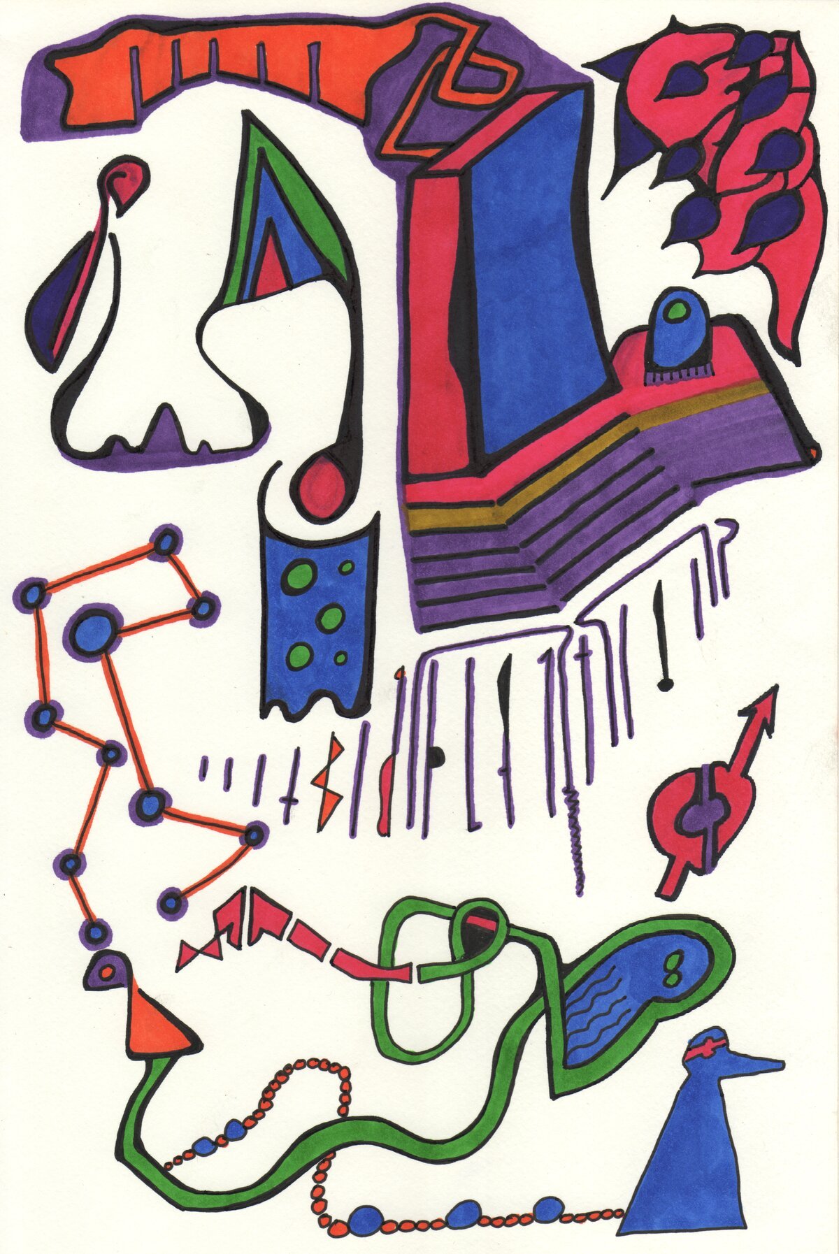 Colorful abstract drawing featuring various scientific and mathematical symbols, objects, and shapes including a molecular structure, a DNA helix, a microscope, a leaf, and geometric patterns, rendered in bold colors with black outlines.