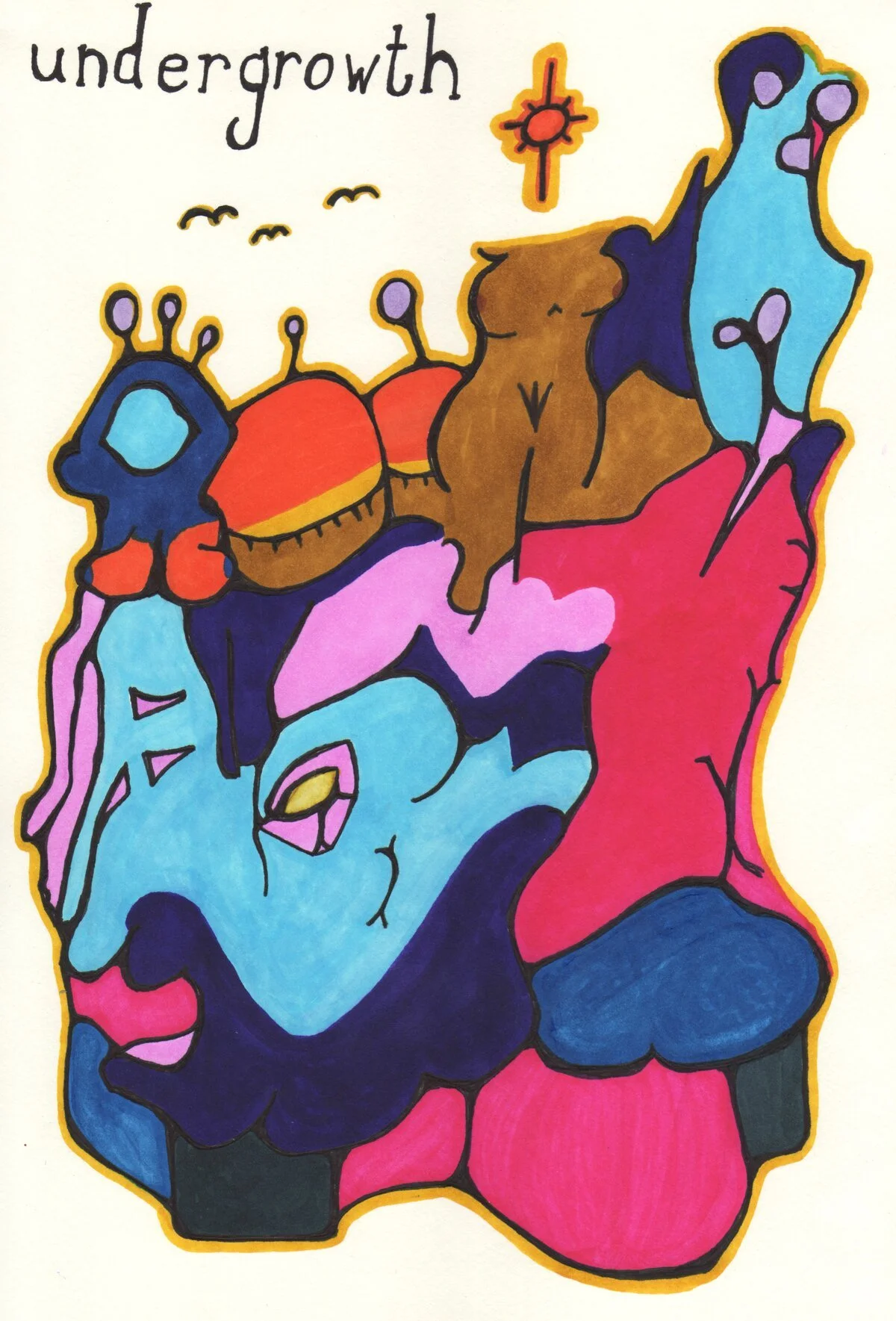 Abstract art of a human face with colorful, stylized features including blue, pink, brown, and red, with the word "undergrowth" written at the top.