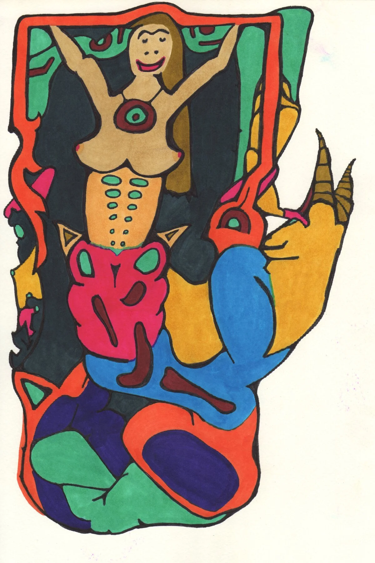 A colorful, abstract drawing of a woman with long hair, smiling, with arms raised, surrounded by various shapes and patterns in bright colors.