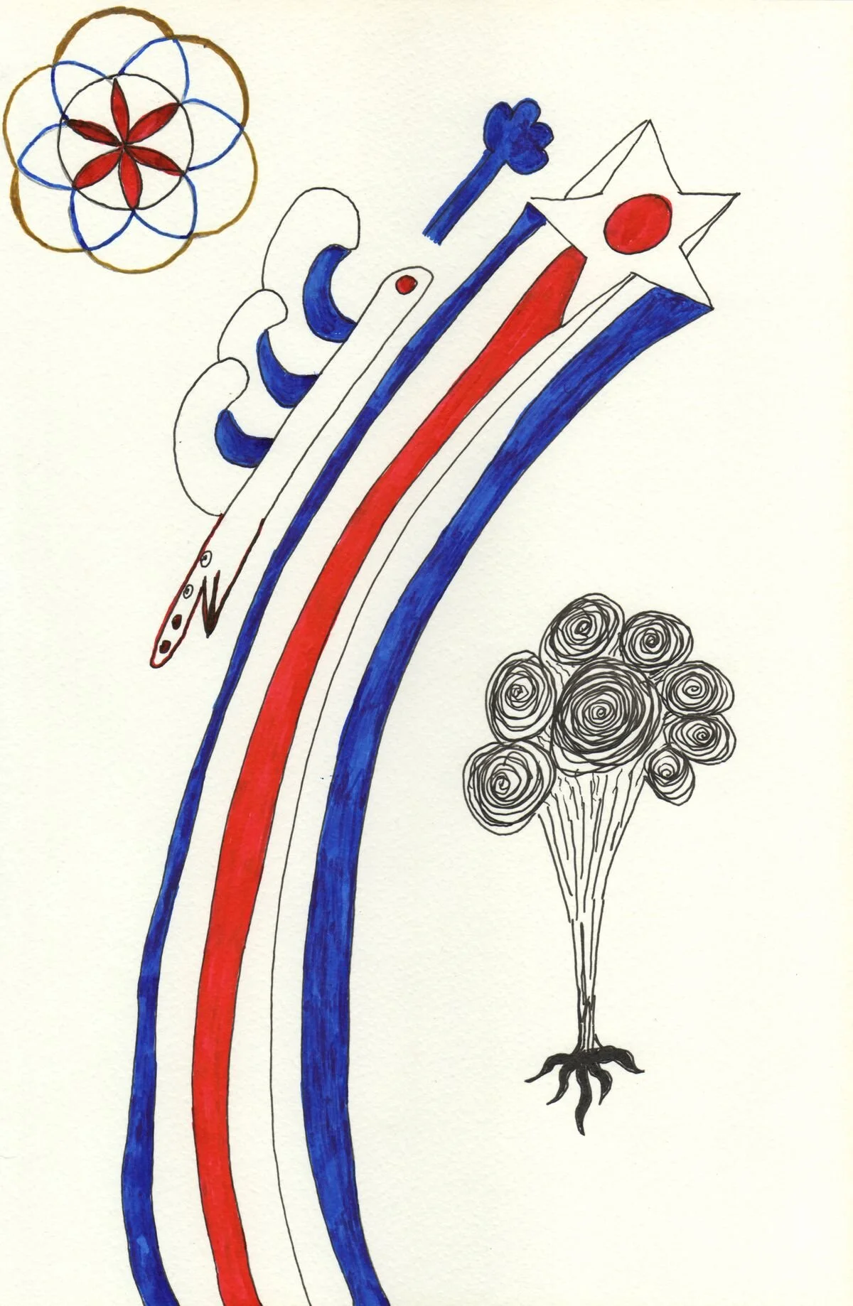 A colorful, abstract drawing featuring a rainbow with red, white, and blue stripes, a star-shaped figure with a red circle inside, a blue key, a cluster of spiral roses, and a geometric flower pattern in the top left corner.