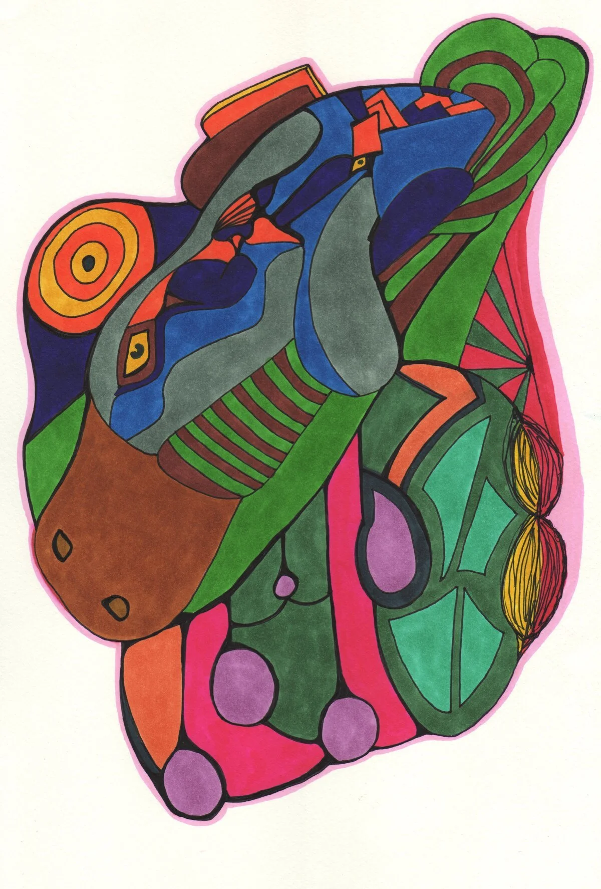 Colorful abstract painting of a face with bold shapes and lines.