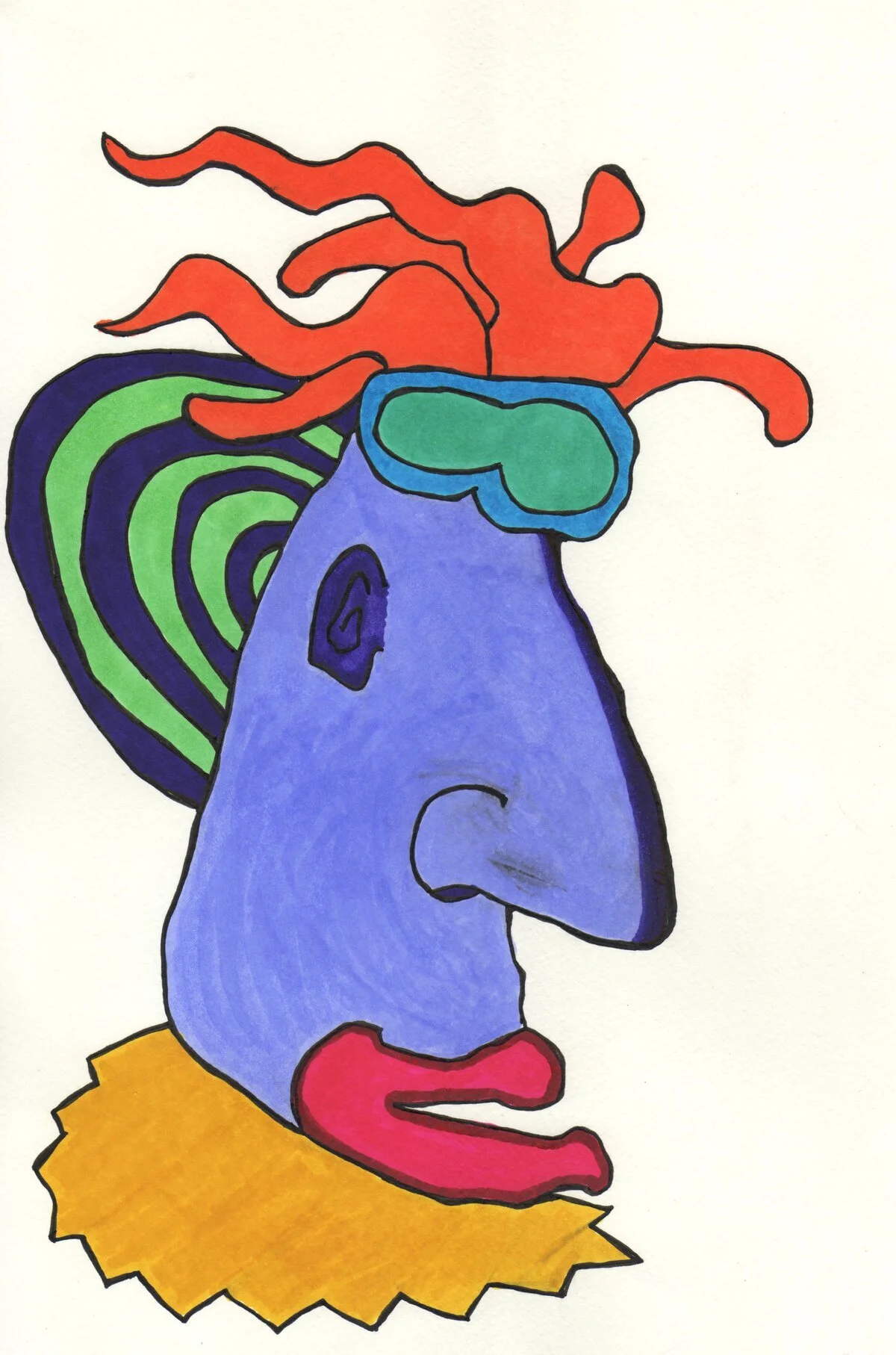 Colorful, abstract drawing of a person's side profile with exaggerated facial features and a mind with swirling shapes and bright colors.