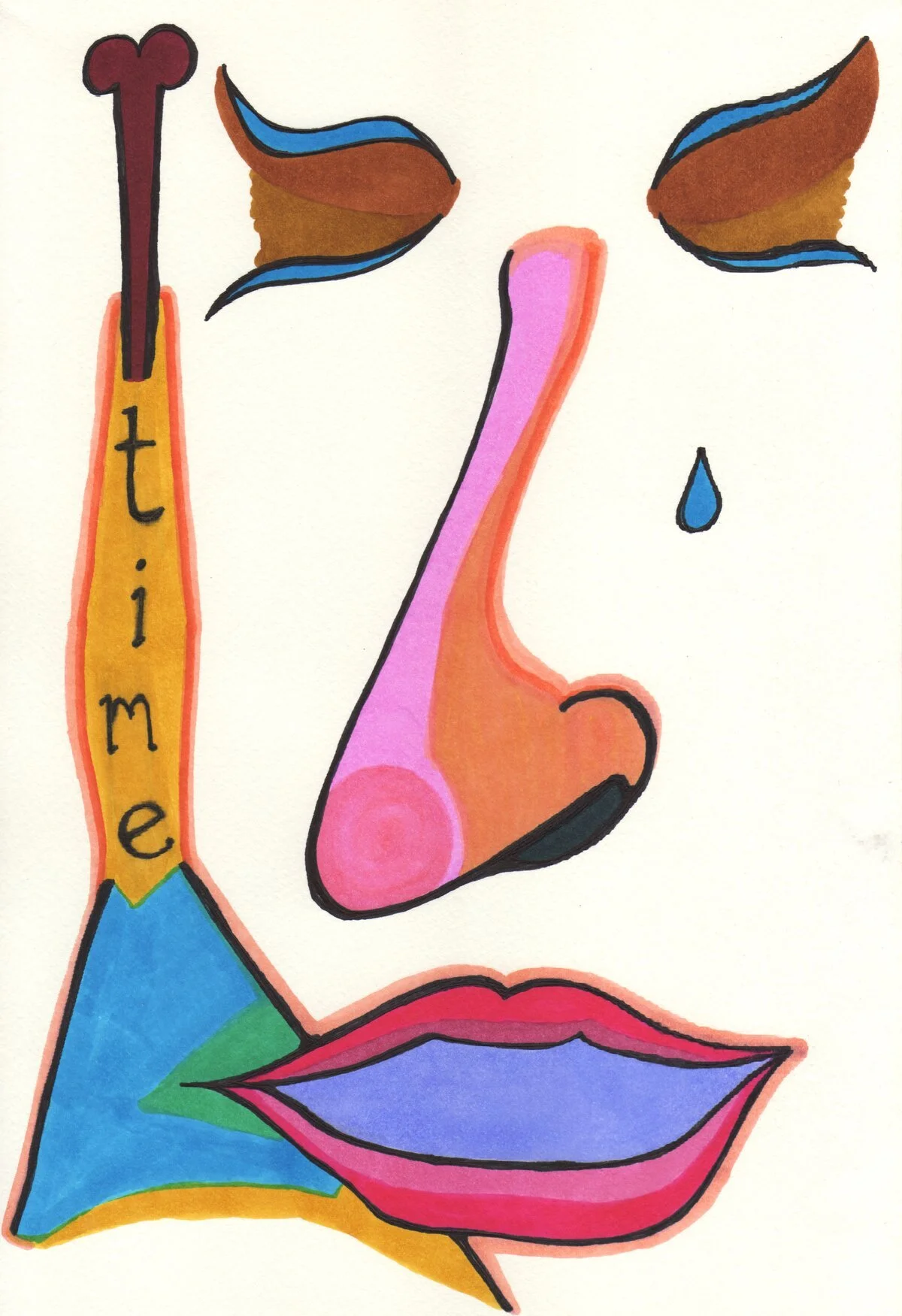 A colorful, abstract drawing of a face with closed eyes, pink lips, a nose, and the word 'time' written vertically along the nose.