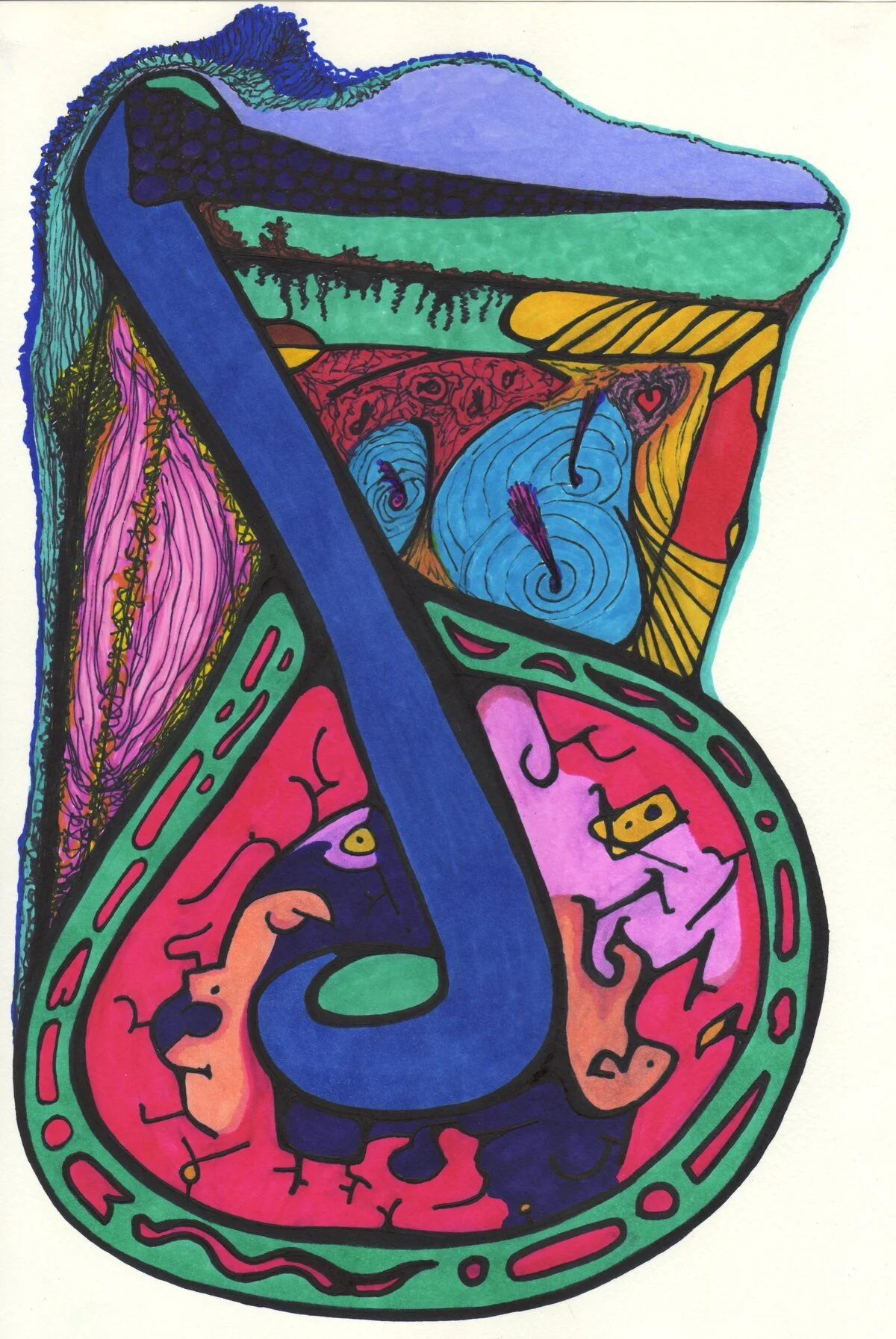 Colorful abstract drawing of a human head in profile, showing a section of the brain with various regions depicted in vibrant colors and patterns.