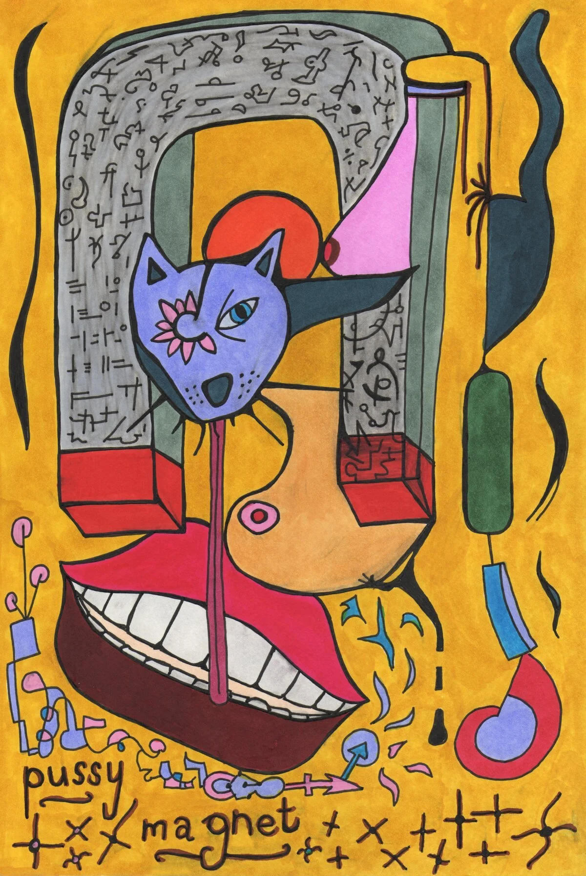 Abstract artwork featuring a purple cat with angel wings sitting inside a yellow bottle, a large smiling mouth with a pink tongue, and various doodles including a red sun, colored blocks, musical notes, and handwritten words like "pussy," "magnet," a