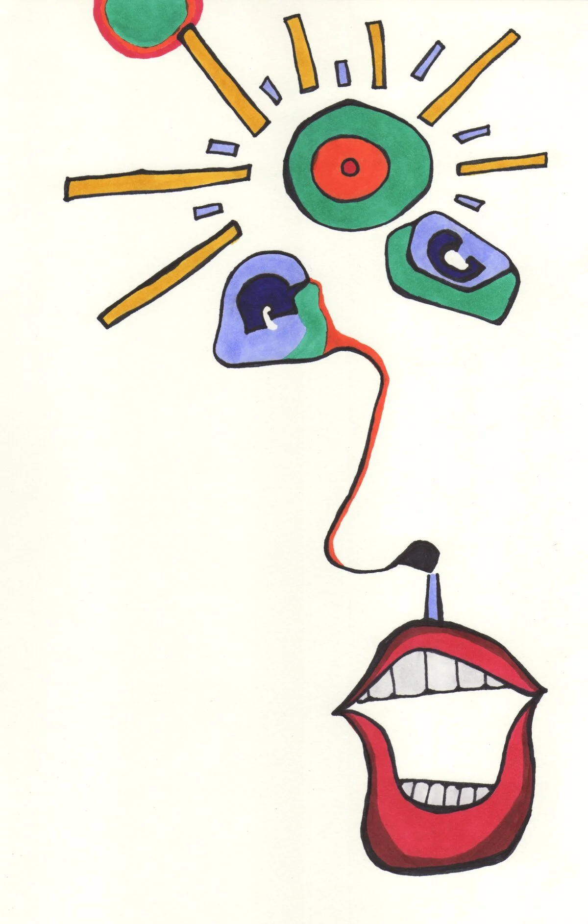 A colorful abstract drawing of a face with various facial features, including a red mouth with teeth, a nose, and eyes, along with stylized elements like lines and shapes.