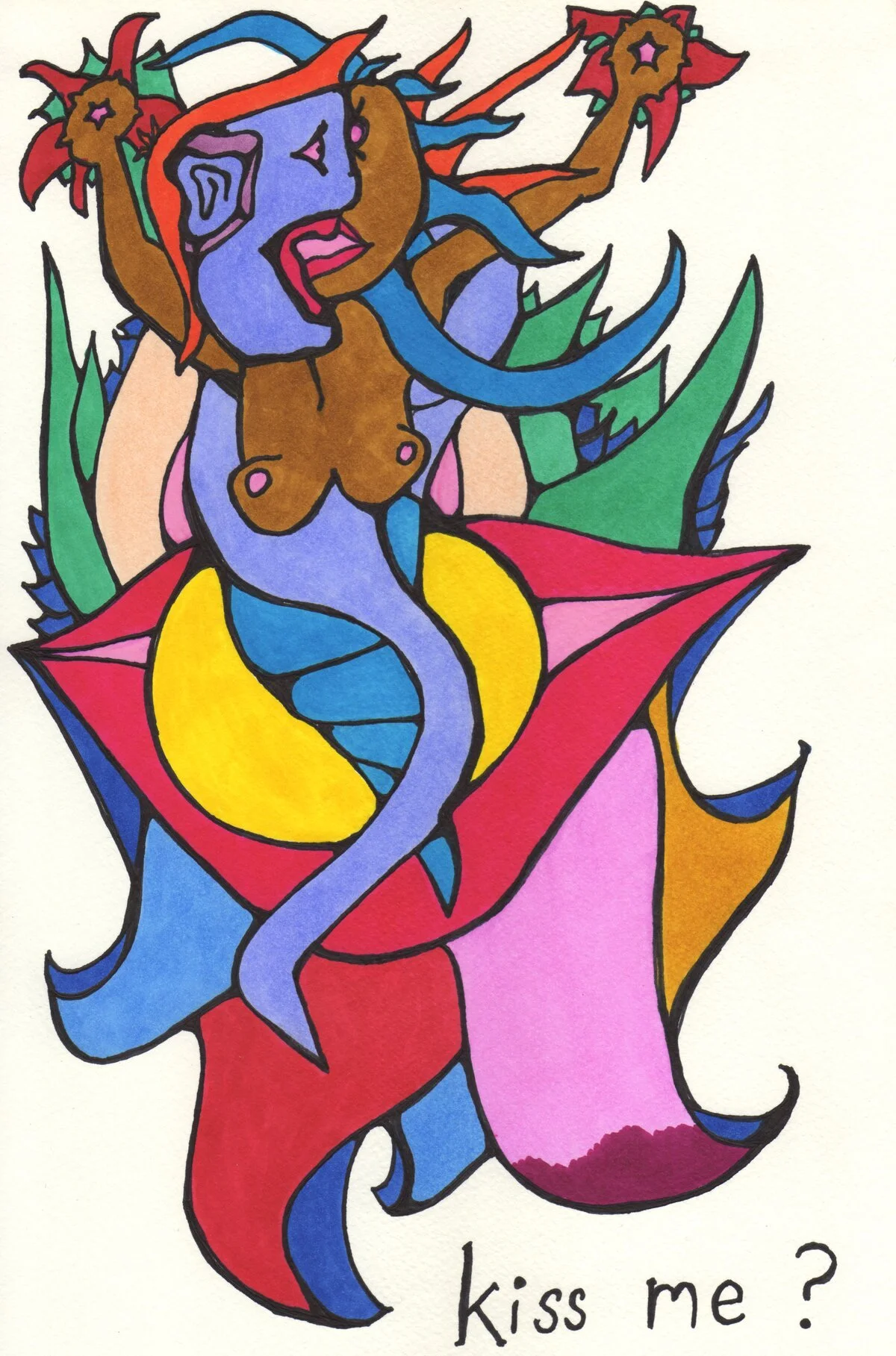 A colorful abstract drawing of a female figure with a blue snake wrapped around her body, surrounded by green leaves and red flowers. The figure's face has purple and pink tones with an open mouth, and the words "kiss me?" are written at the bottom.