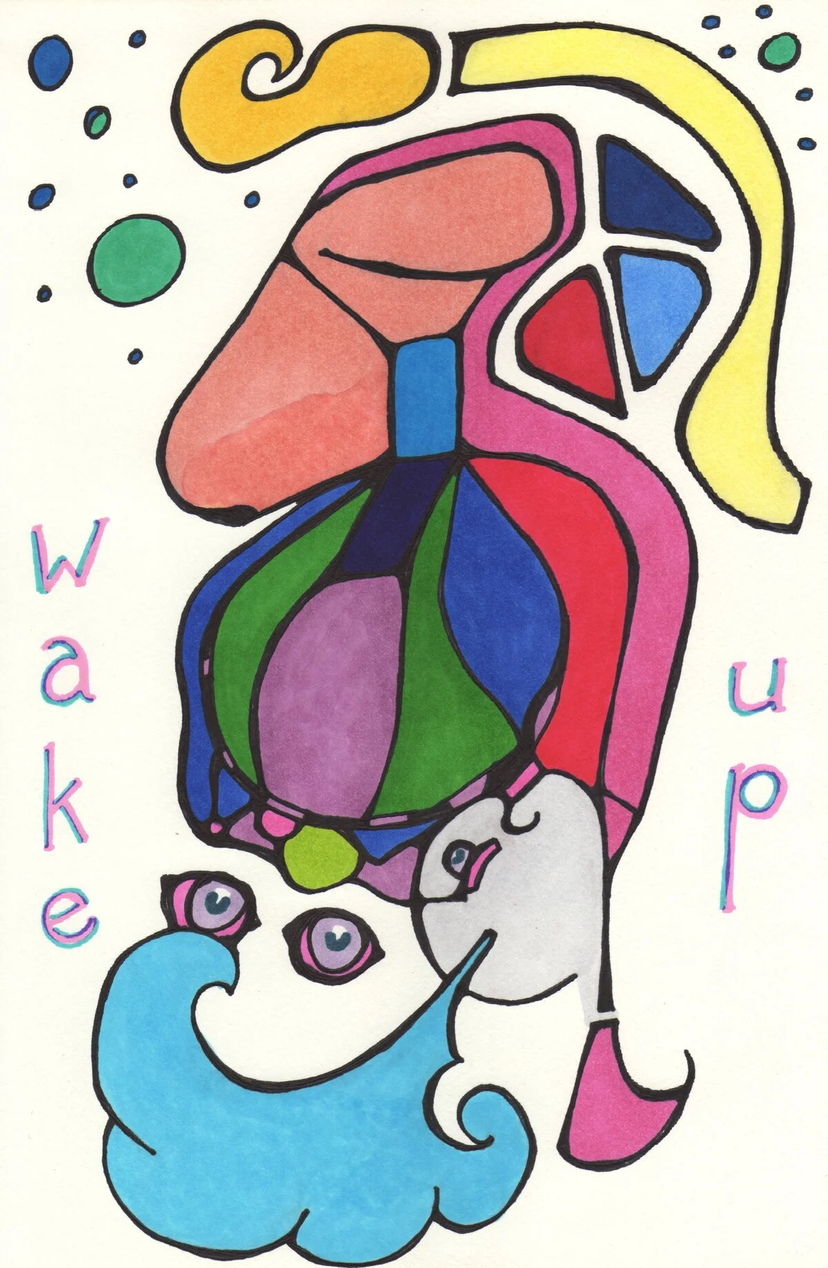 Abstract colorful illustration of a dog's face with various shapes and patterns, with the words "wake up" written near the bottom.