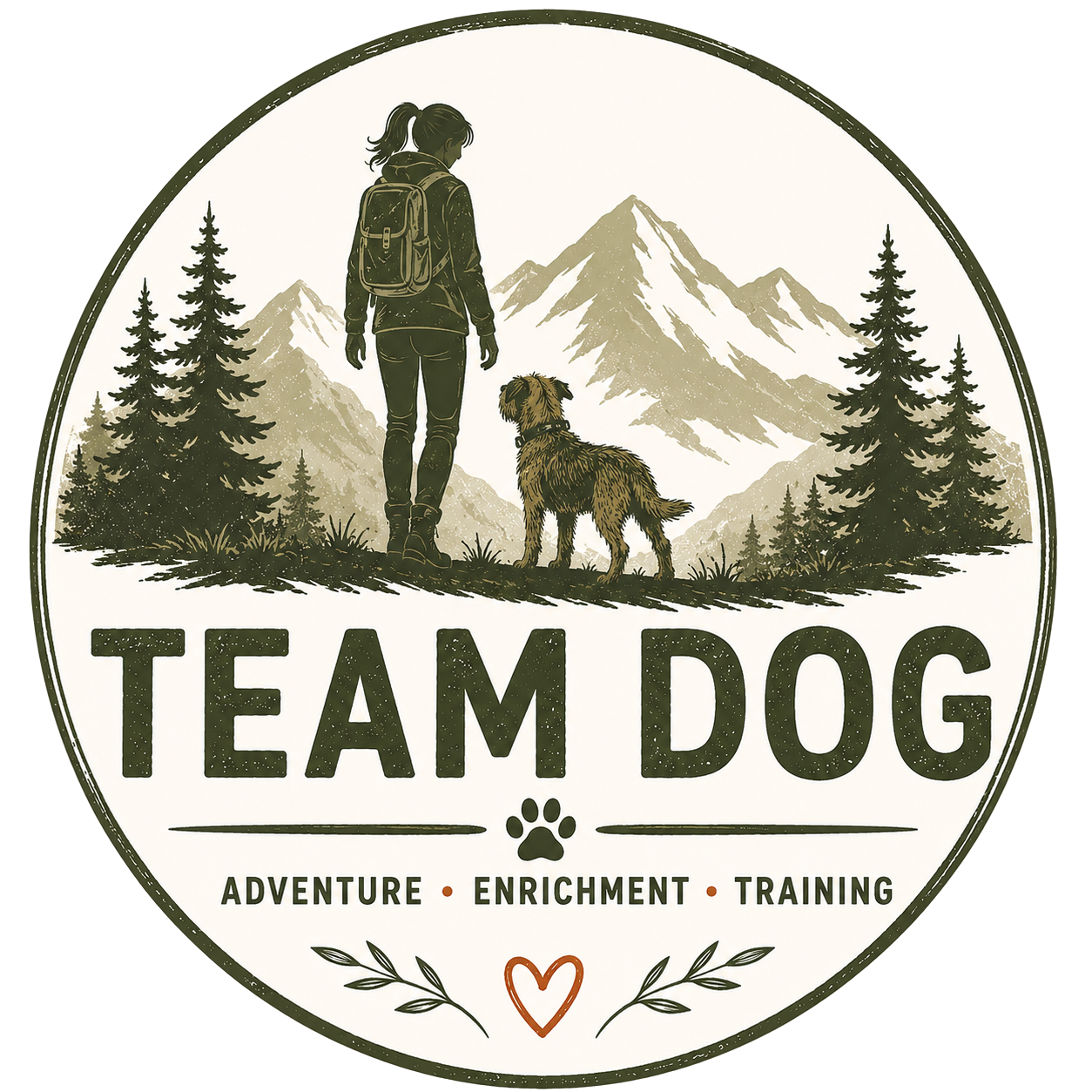 Illustration of a woman with a backpack and her dog standing in a mountainous forest with snow-capped peaks in the background, with the text 'TEAM DOG' and the words 'adventure, enrichment, training' below.