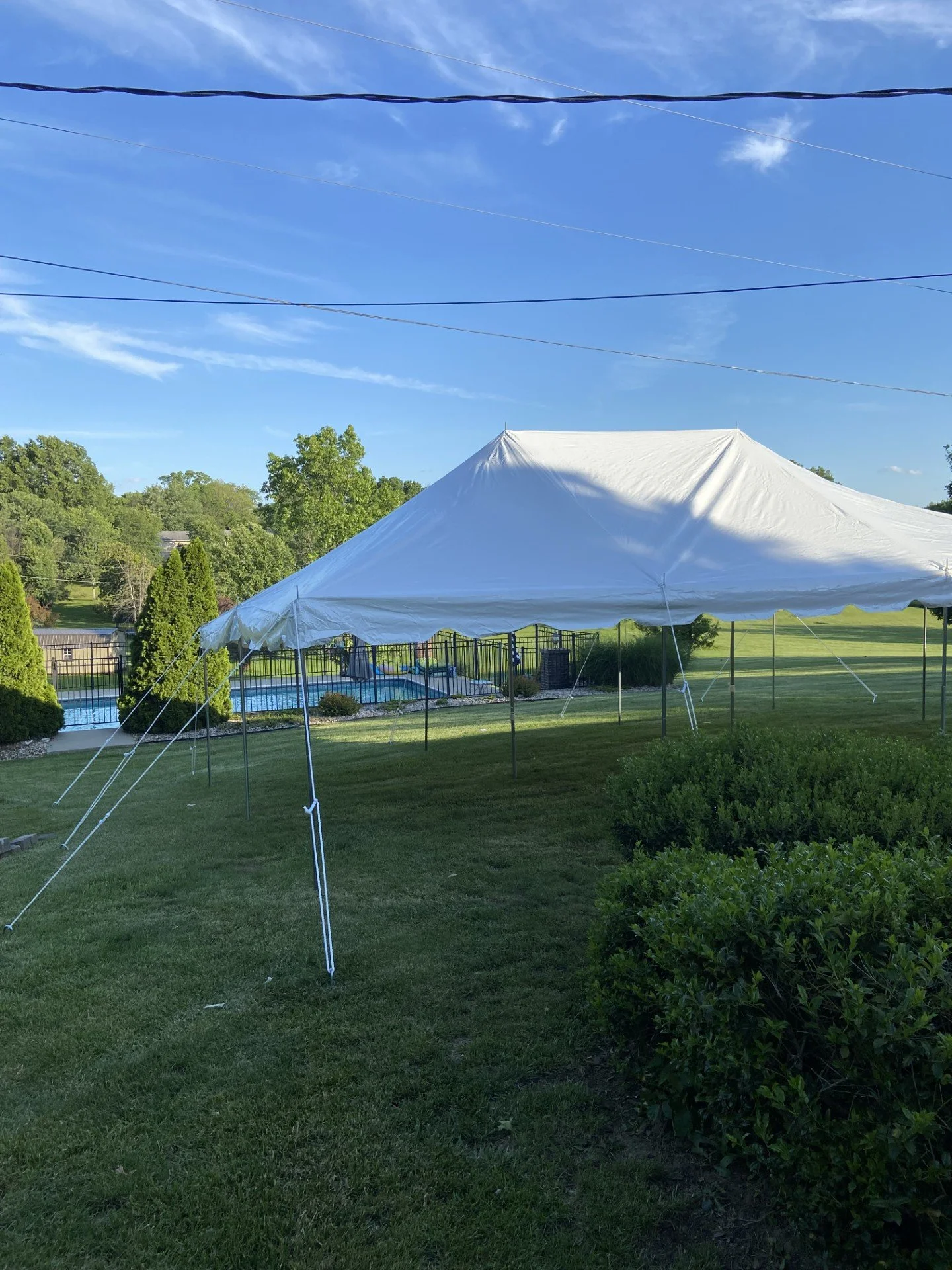 A large white event tent set up on a grassy backyard lawn with a pool and a black fence in the background. There are trees and a blue sky with some clouds overhead.