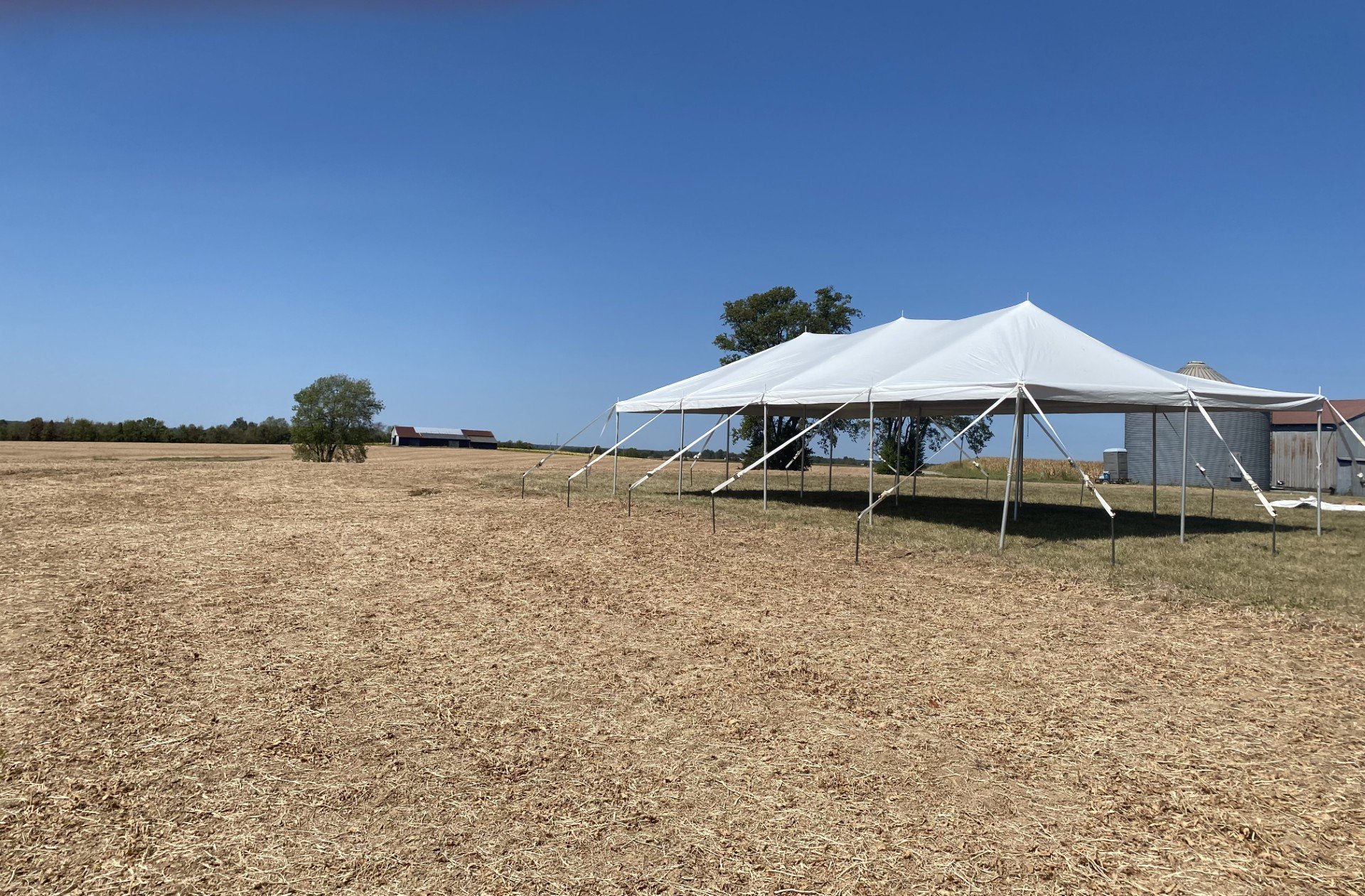 A large white event tent set up in a rural farm field with a clear blue sky overhead. There are trees and farm buildings in the background.