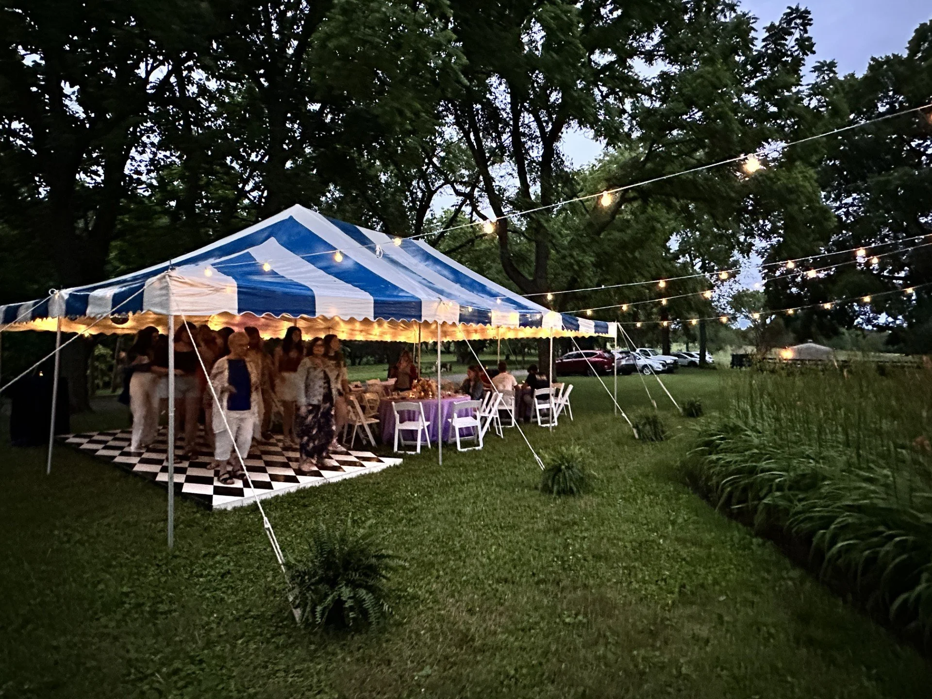 Outdoor nighttime gathering under string lights with a blue and white striped tent, tables, chairs, and people socializing in a lush green yard surrounded by trees.