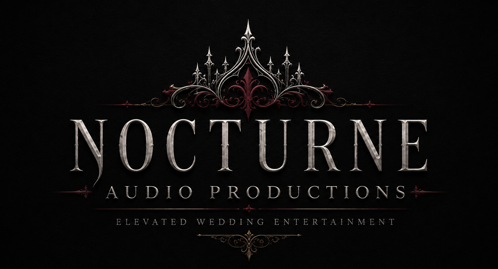 Logo for Nocturne Audio Productions, featuring gothic style decorative elements and the tagline 'Elevated Wedding Entertainment' on a black background.