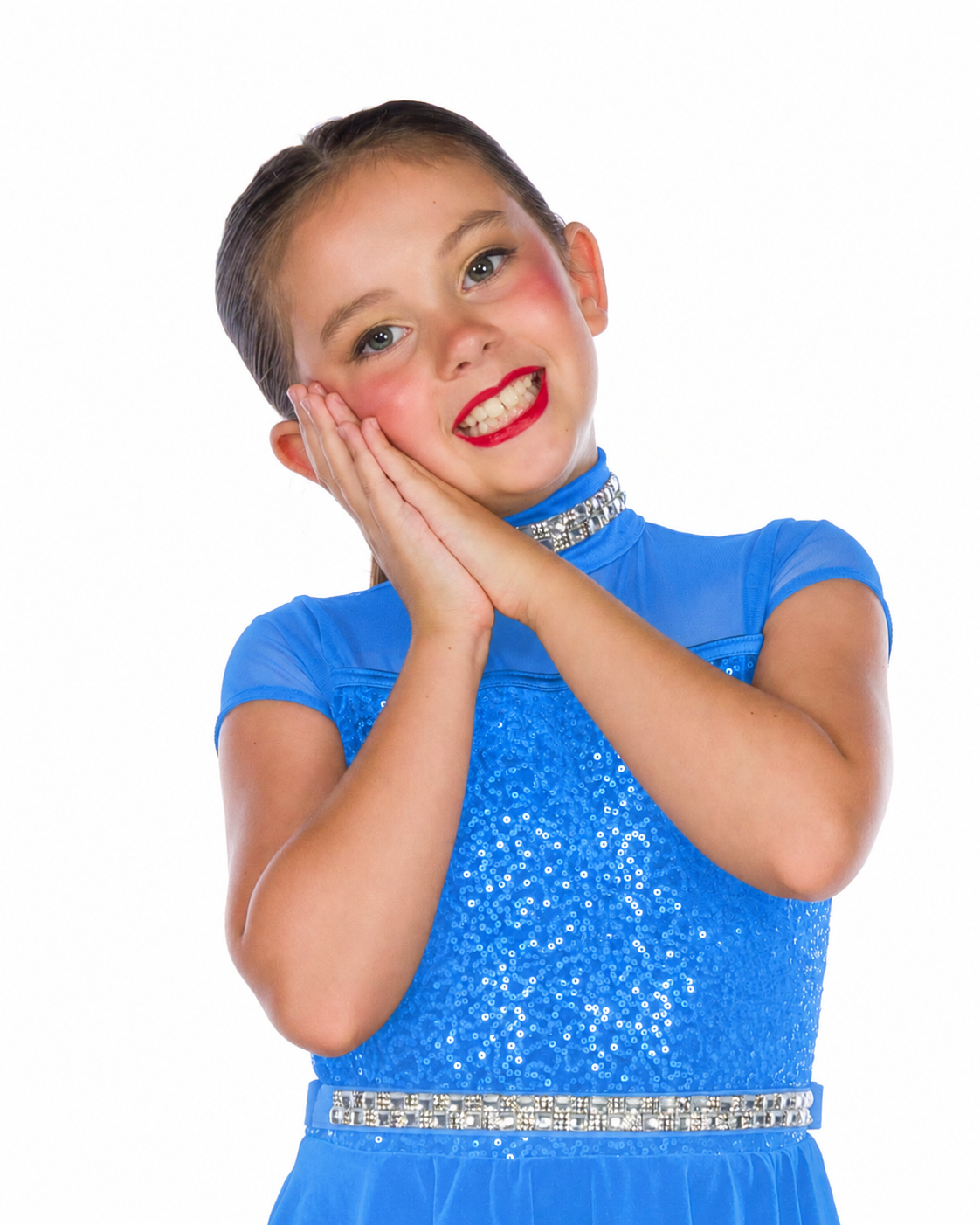 Girl in a shiny blue dress with red lipstick and a silver choker, resting her face on her hands and smiling.