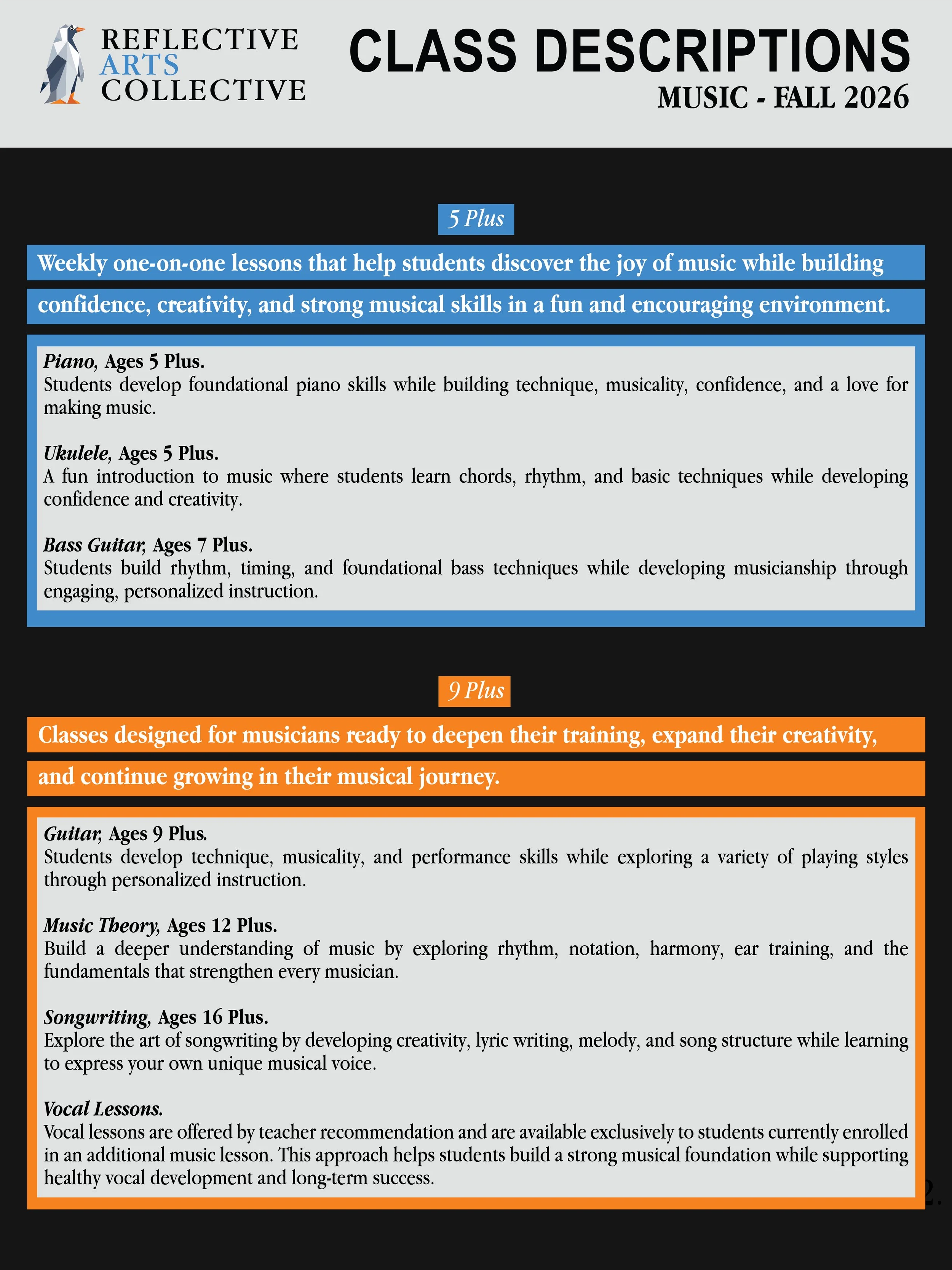 A poster detailing music class descriptions for the fall 2026 semester at Reflective Arts Collective. The poster lists courses on piano, ukulele, bass guitar, music theory, songwriting, and vocal lessons, with age recommendations and course descriptions, outlined with colored highlights and sections.