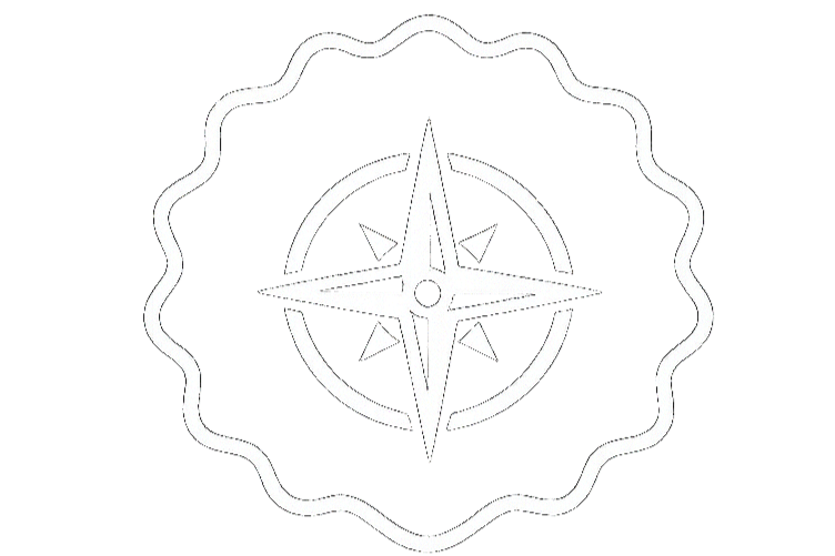 White neon compass rose icon inside a decorative border on a black background.