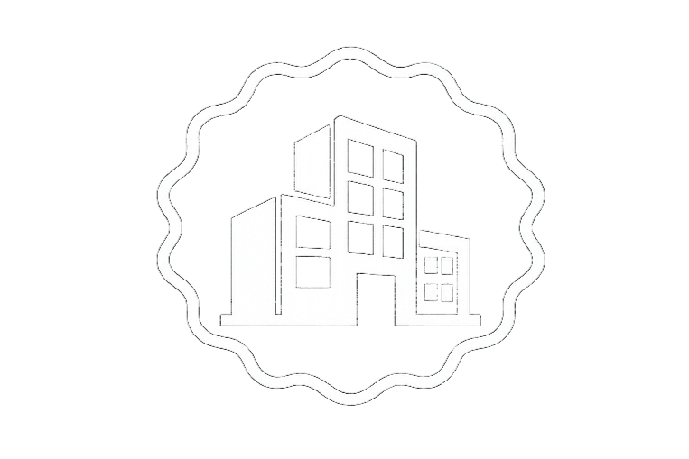 Line drawing of modern buildings inside a decorative circular border.