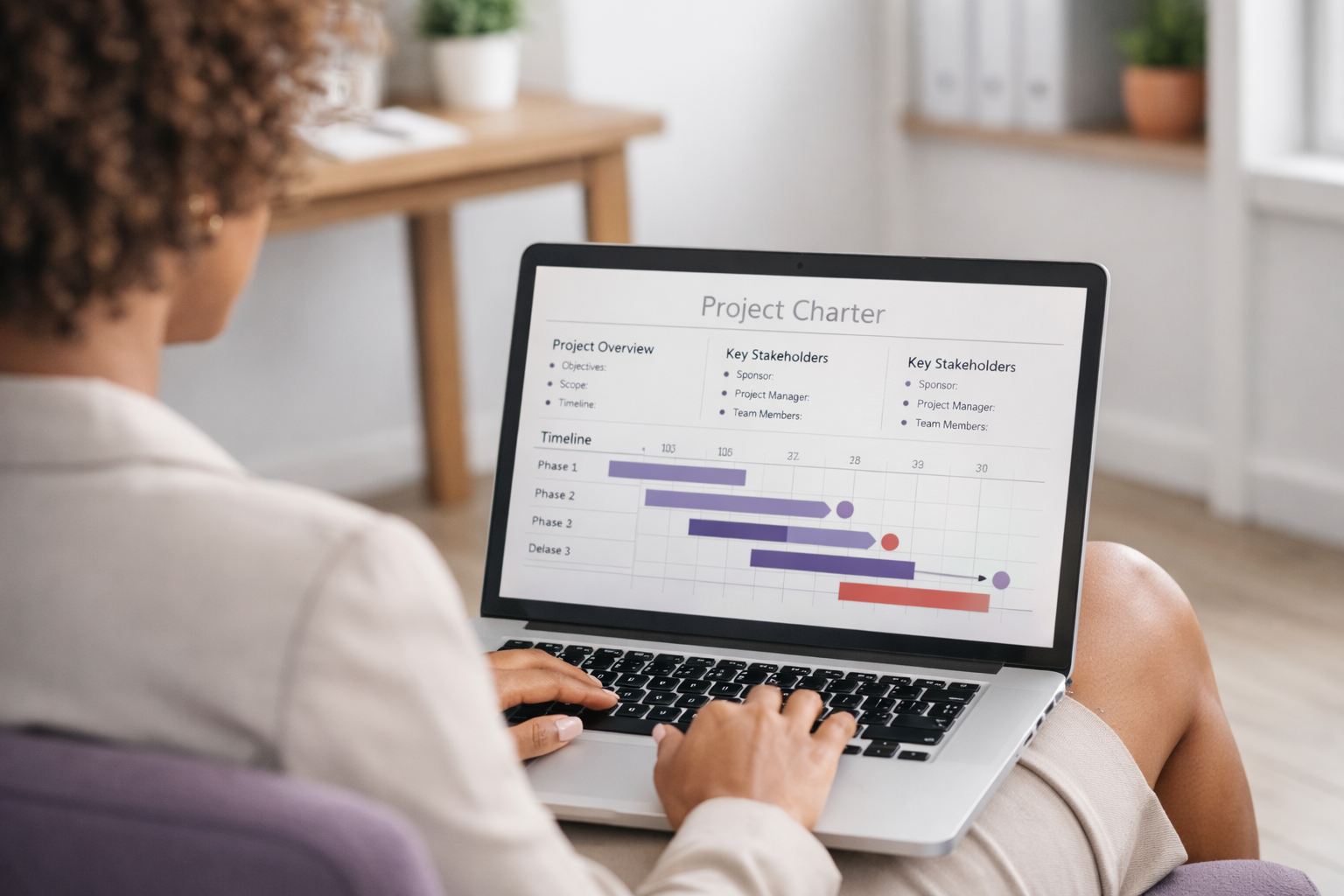 Person working on a laptop displaying a project charter with a Gantt chart in a home office.