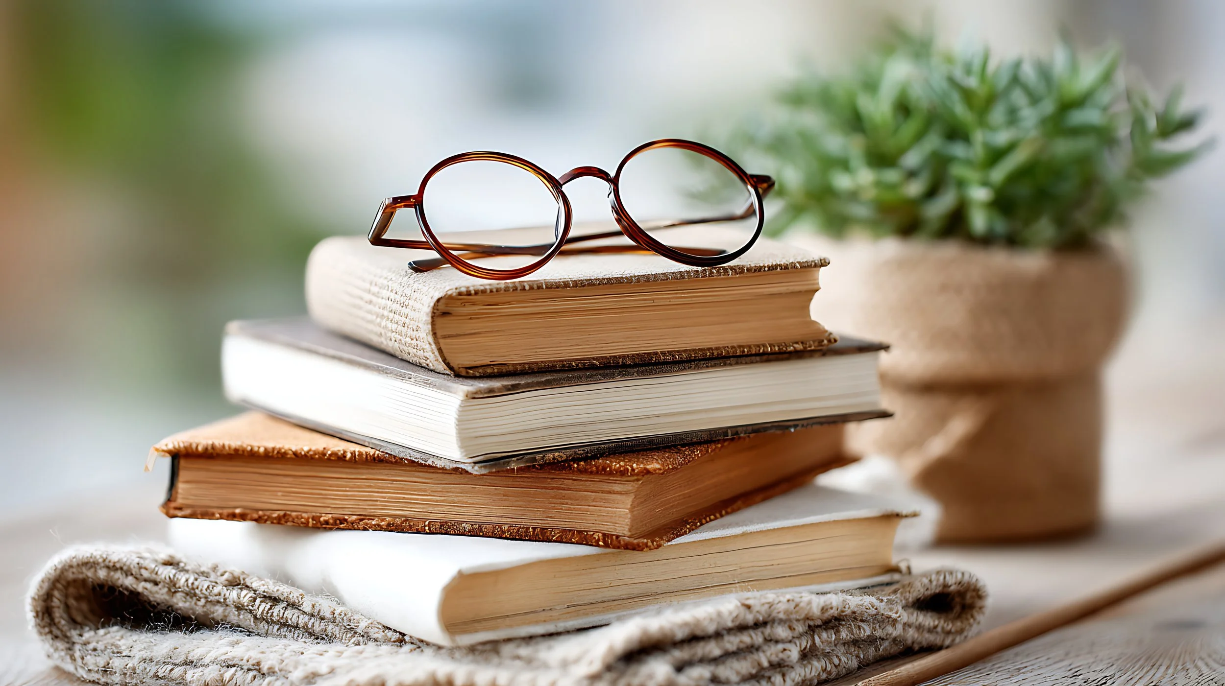 Stack of books with a pair of round glasses on top, with a blurred potted plant in the background.