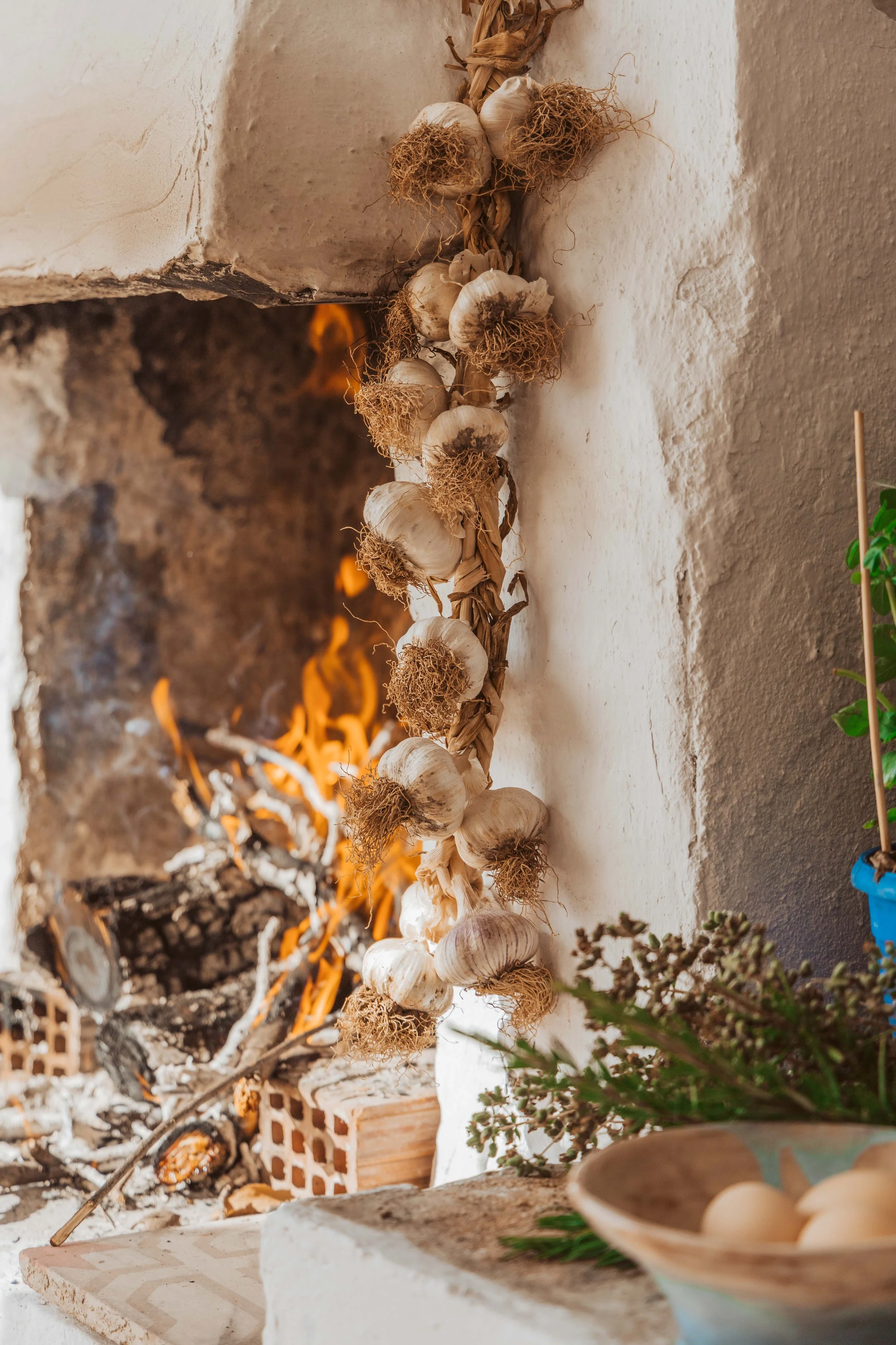Garlic bulbs hanging in a bunch near a lit fireplace with stacked firewood.