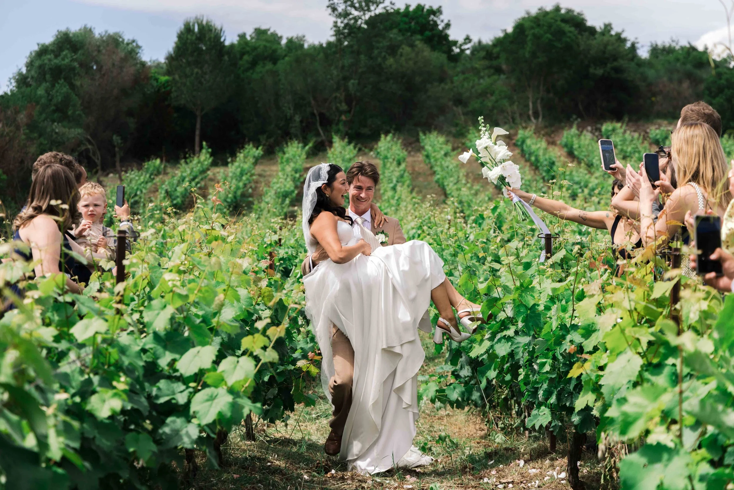A bride and groom walking through a vineyard, with the bride sitting on the groom's arms, surrounded by friends taking photos.