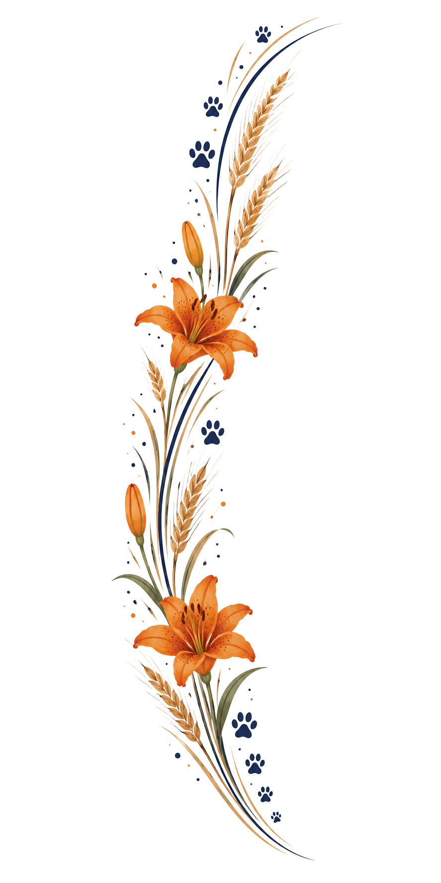 A decorative floral design featuring orange lilies, wheat stalks, orange buds, and small dark blue paw prints arranged vertically.