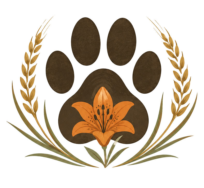 Design featuring a bear paw with a flower inside, surrounded by wheat stalks, all set against a black background.