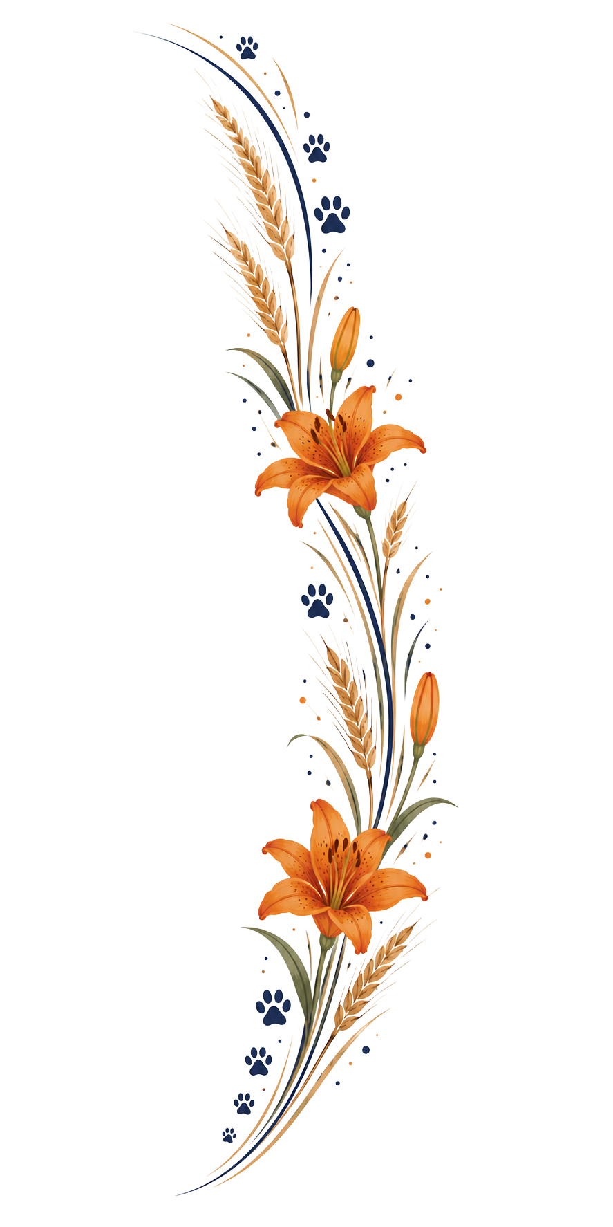 Vertical floral design featuring orange lilies, wheat stalks, and small blue paw prints.