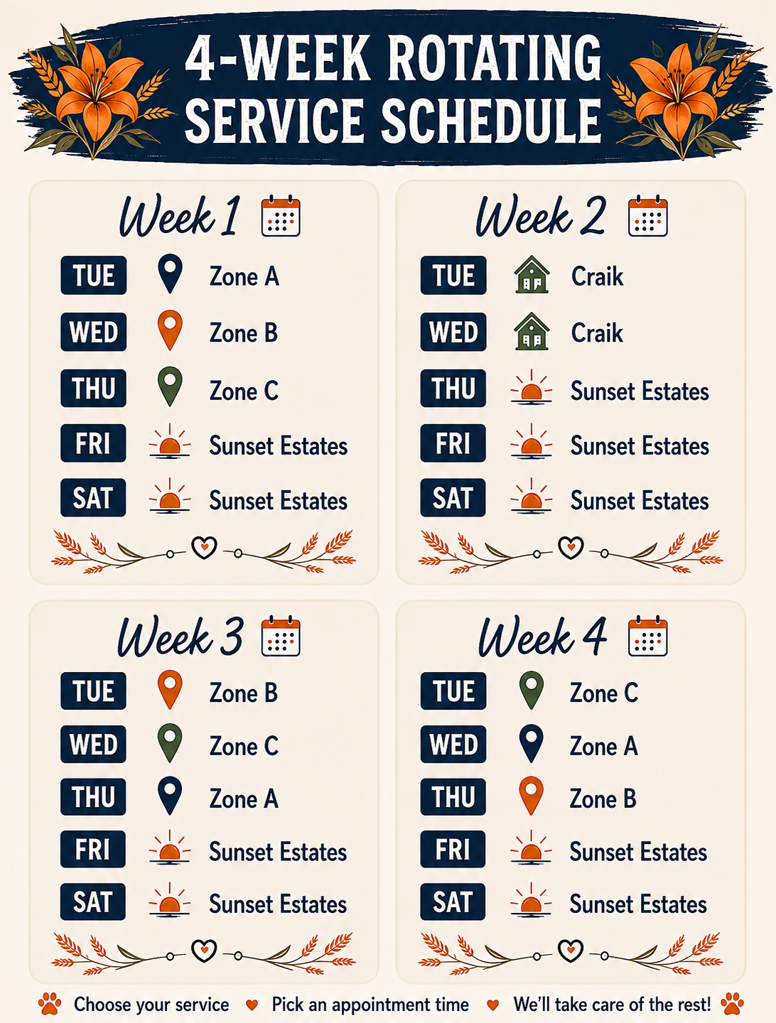 A four-week rotating service schedule with days, locations, and services, featuring floral decorations and icons for dates, icons for service zones, and illustrations of sunsets.