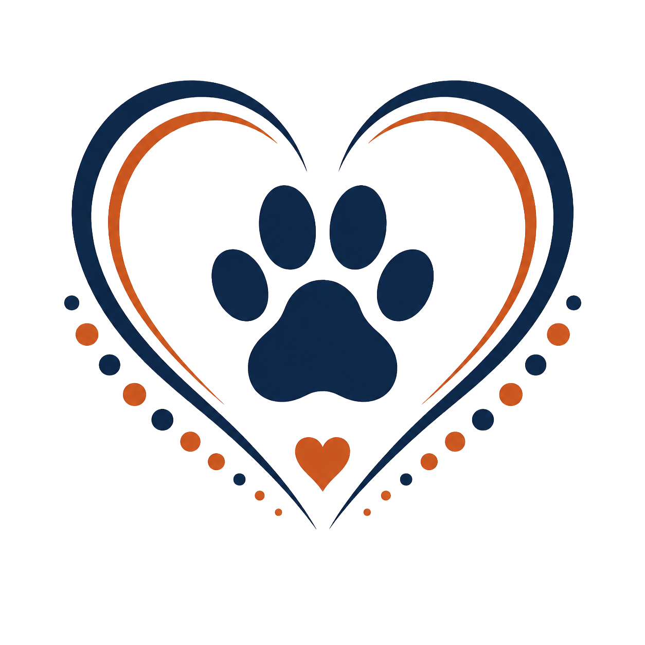 A heart-shaped design with a black paw print inside, surrounded by a decorative border with small dot accents.