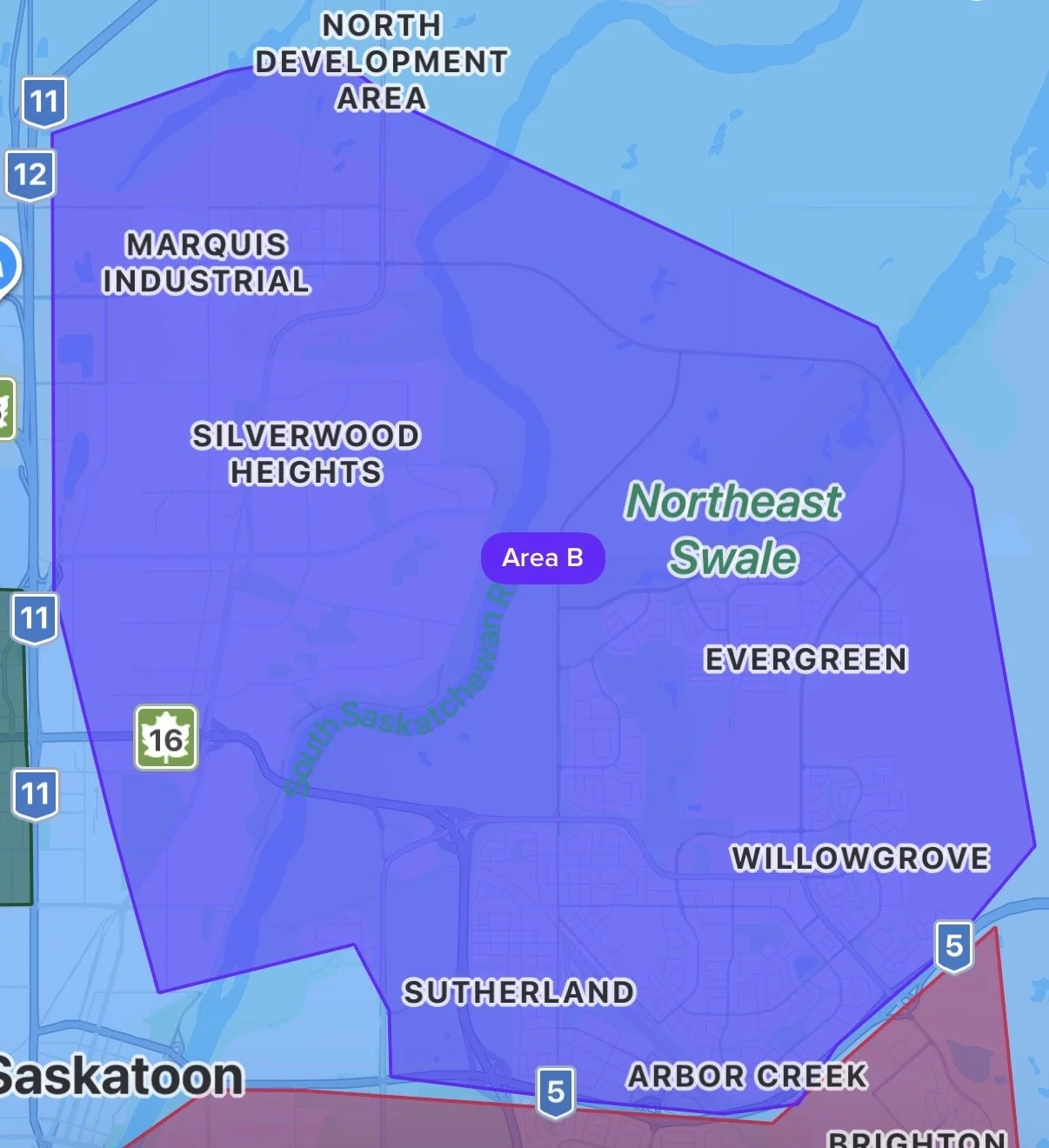 Map showing weather warning zones in Saskatoon, Saskatchewan, with areas labeled North Development Area, Marquis Industrial, Silverwood Heights, Sutherland, Evergreen, Willowgrove, and Arbor Creek. A purple area marked 'Area B' overlays parts of the map.