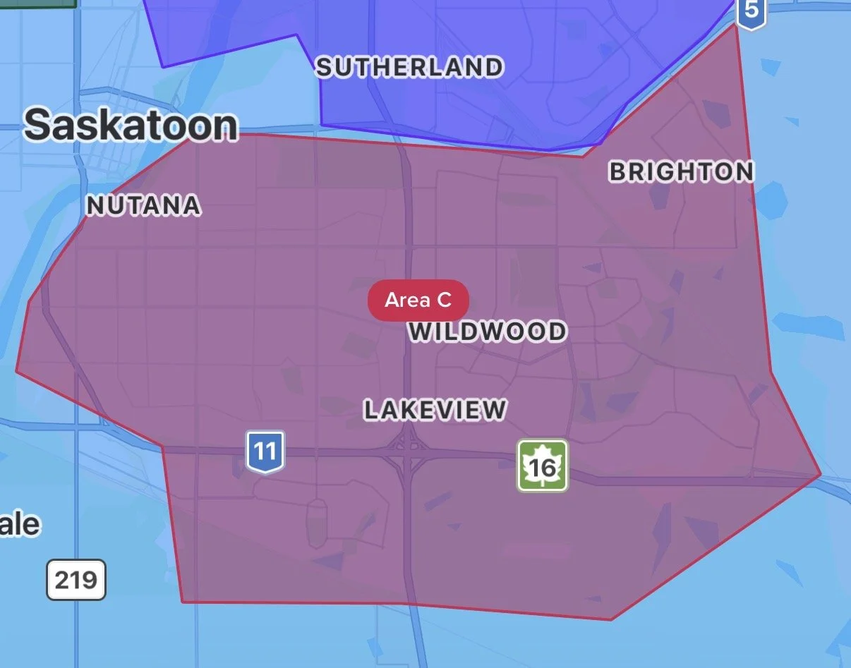 Map showing different areas with a highlighted region labeled 'Area C' in red, including Lakeview, Wildwood, Brighton, Nutana, and Saskatoon, with major roads and a blue shaded water body.
