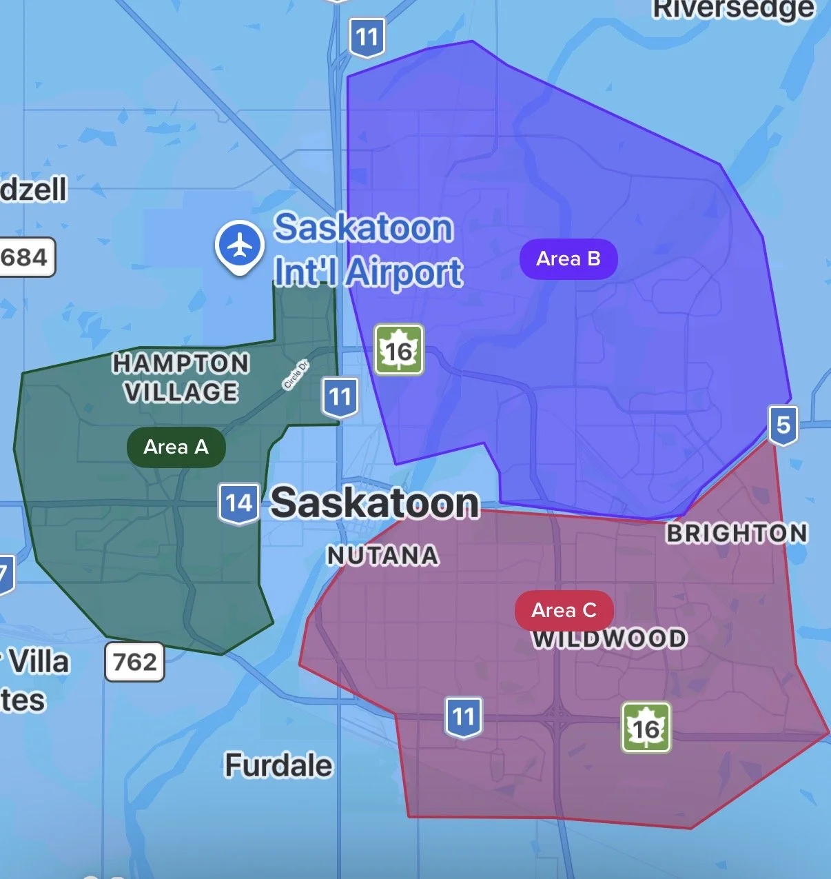 Map of Saskatoon divided into three color-coded regions labeled Area A in green, Area B in purple, and Area C in red, with surrounding neighborhoods and roads.