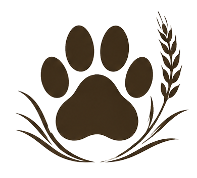 Silhouette of a dog paw print surrounded by grass and wheat stalks.