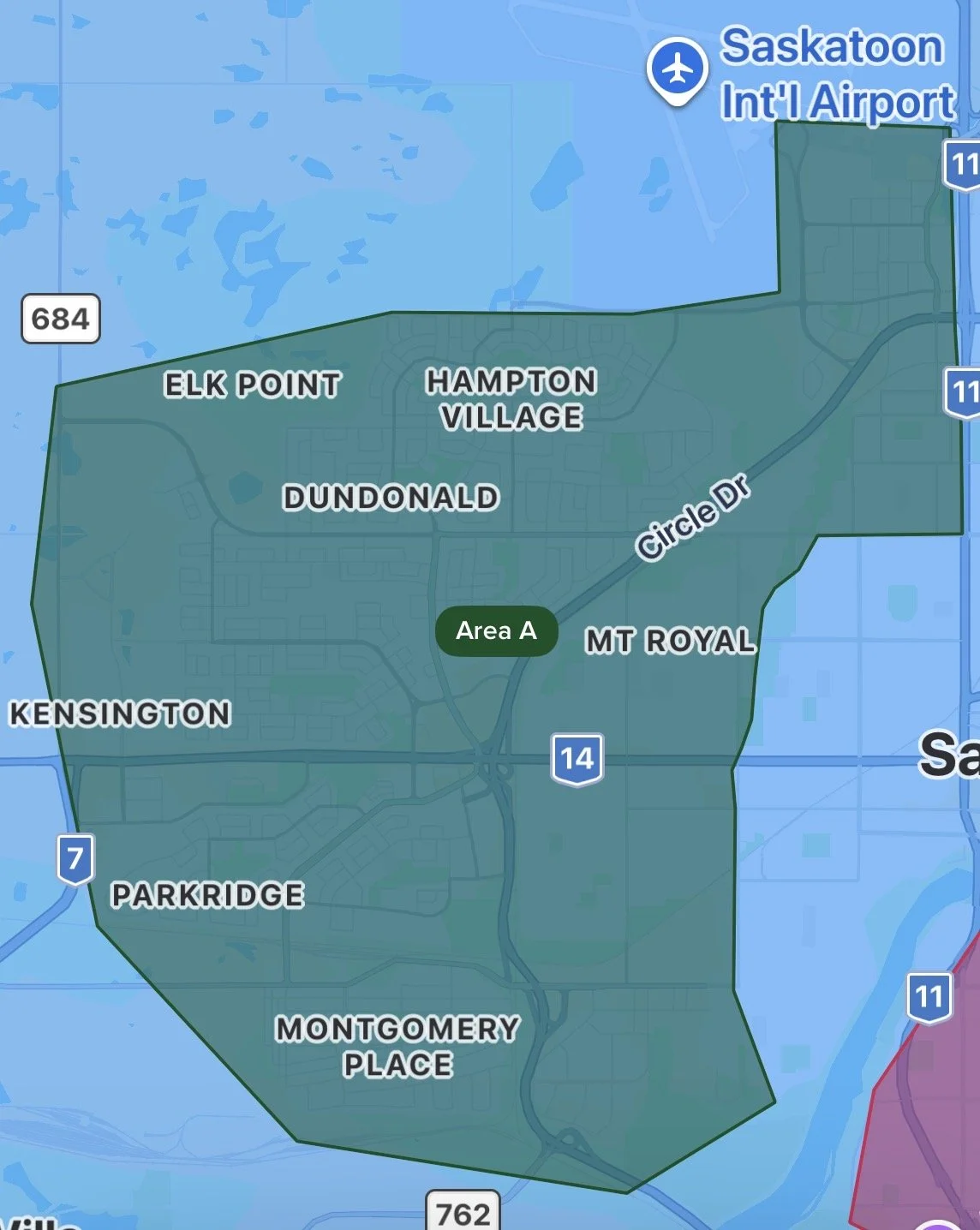 Map showing neighborhoods Elm Point, Hampton Village, Dundonald, Kensington, Parkridge, Montgomery Place, and Area A in Saskatoon, Saskatchewan, with surrounding highways and the Saskatoon International Airport.