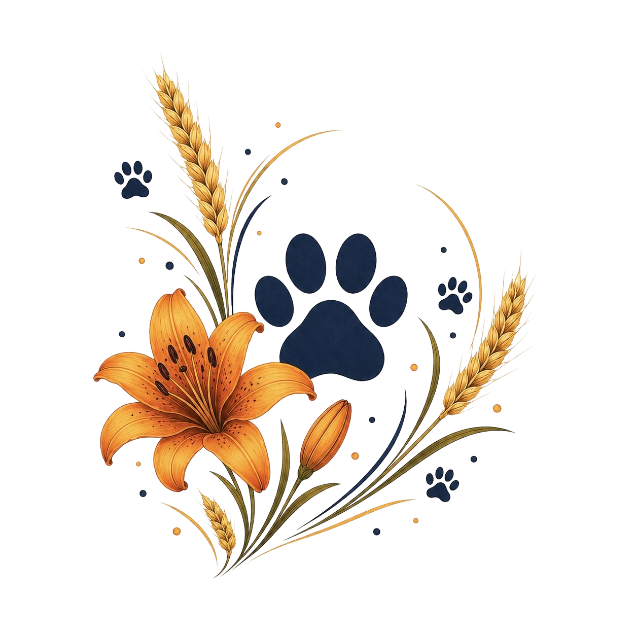 Illustration of a large dark paw print surrounded by orange lilies, wheat stalks, and smaller paw prints.