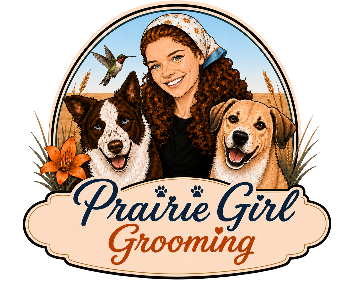 Illustration of a girl with curly red hair, wearing a floral headscarf, smiling, in a field with two happy dogs, a prairie lily flower, wheat, and a hummingbird, with text that reads 'Prairie Girl Grooming'. Dog grooming logo