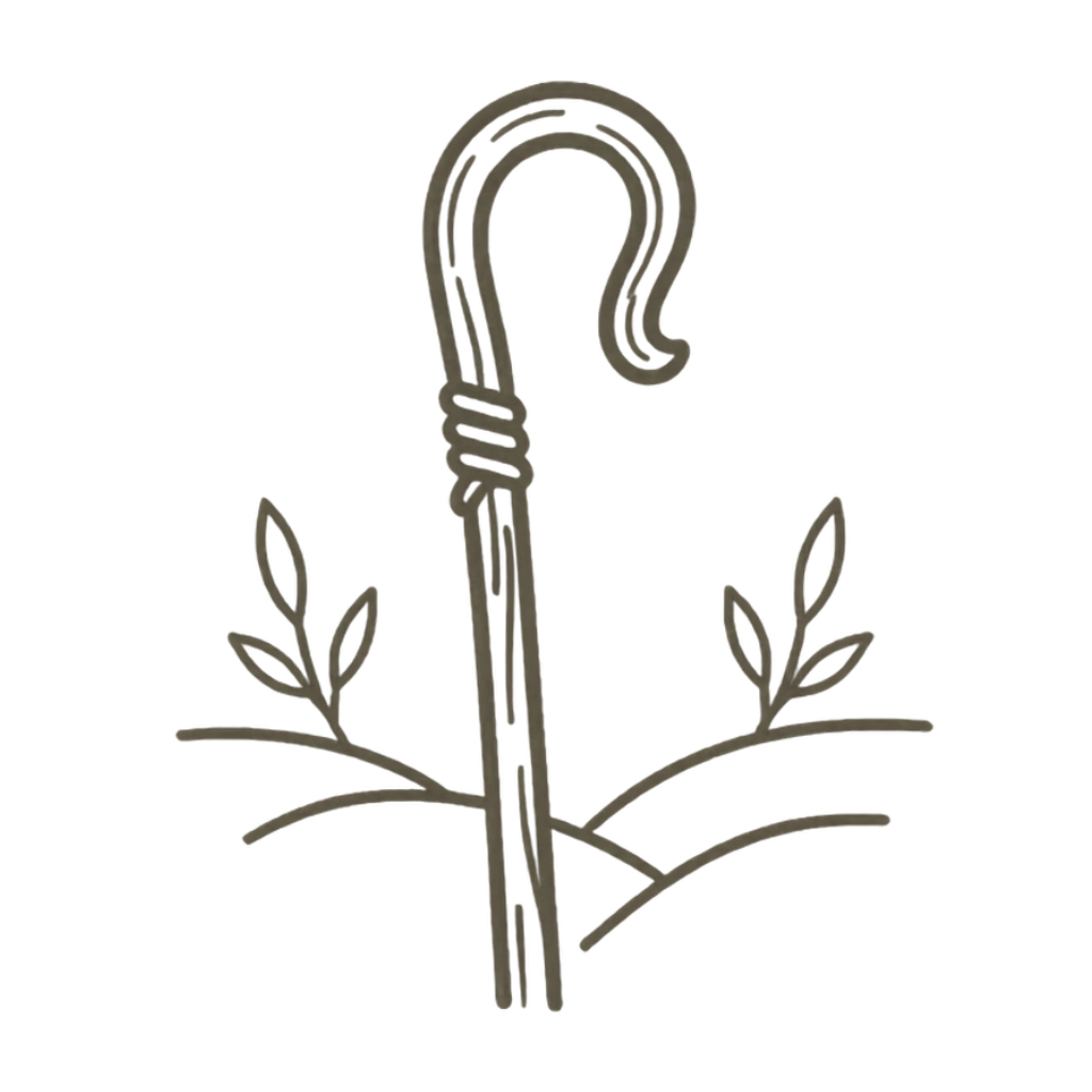 A line drawing of a shepherd's staff surrounded by two sprigs of leaves.