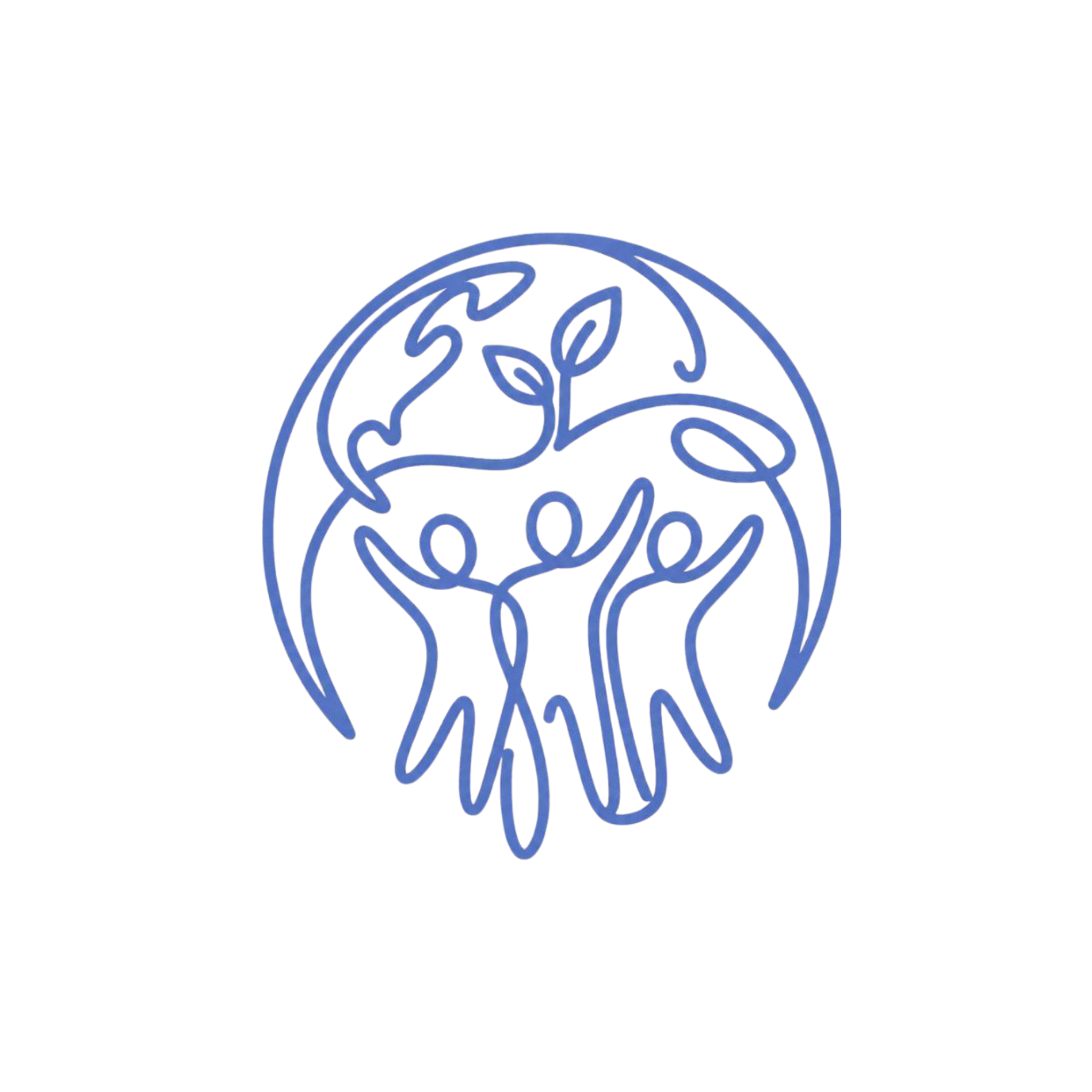 A dark blue logo of five stylized human figures holding hands in a circle, with dotted circle outlines around their feet, representing community and connection.